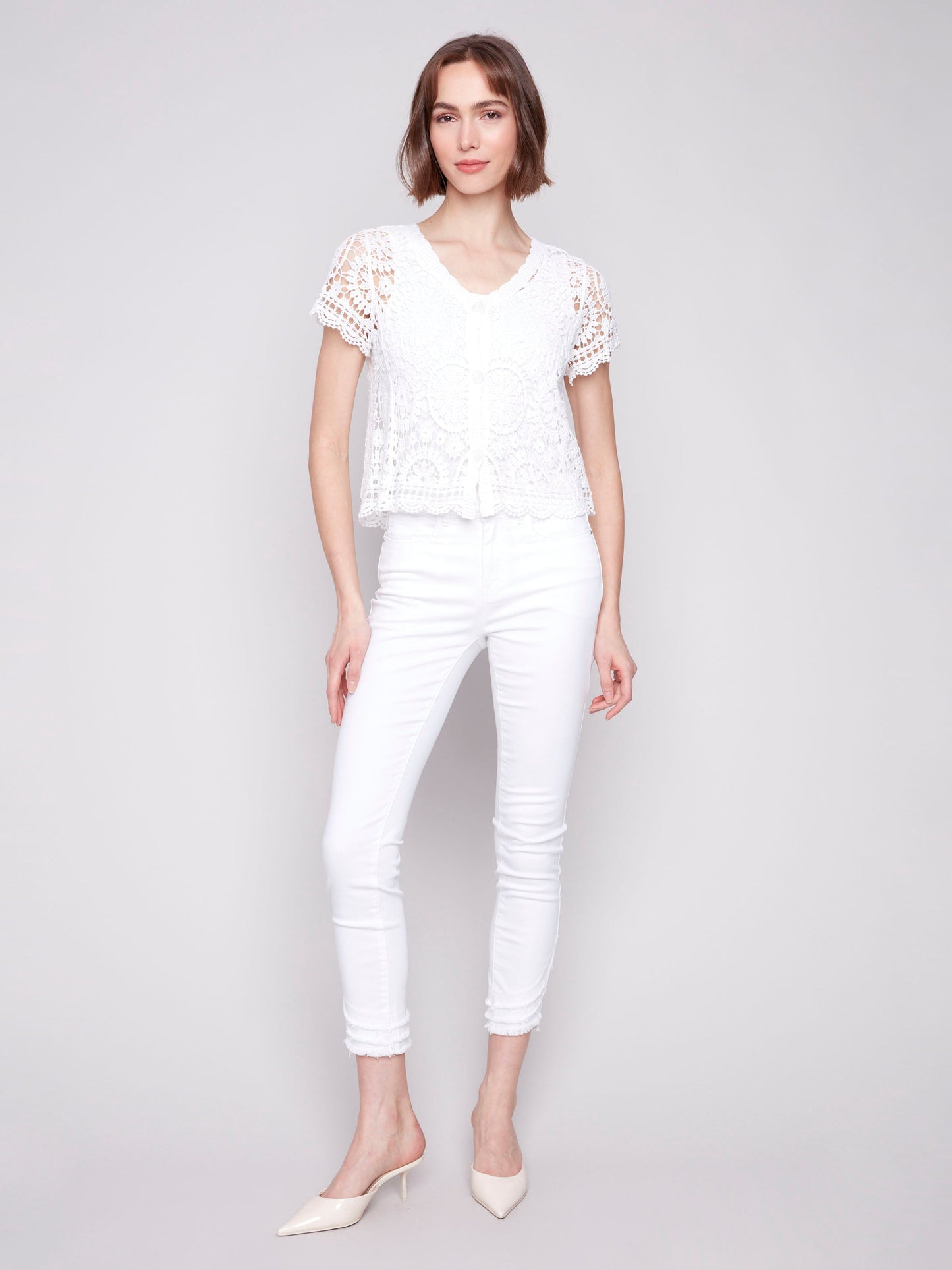 Short Sleeve Crochet Bolero Cardigan - White