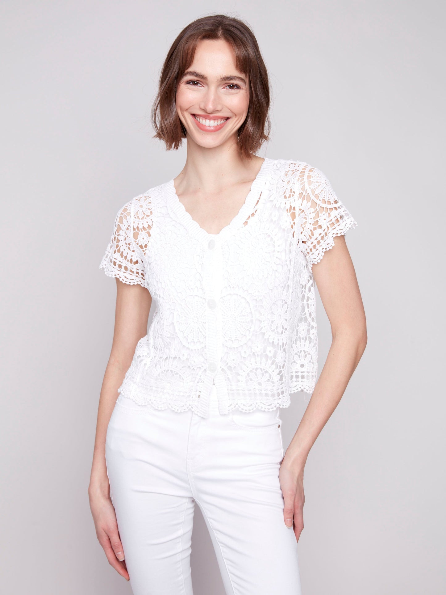 Short Sleeve Crochet Bolero Cardigan - White