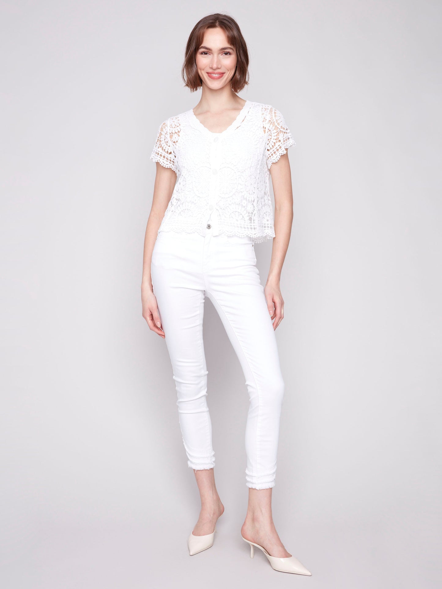 Short Sleeve Crochet Bolero Cardigan - White