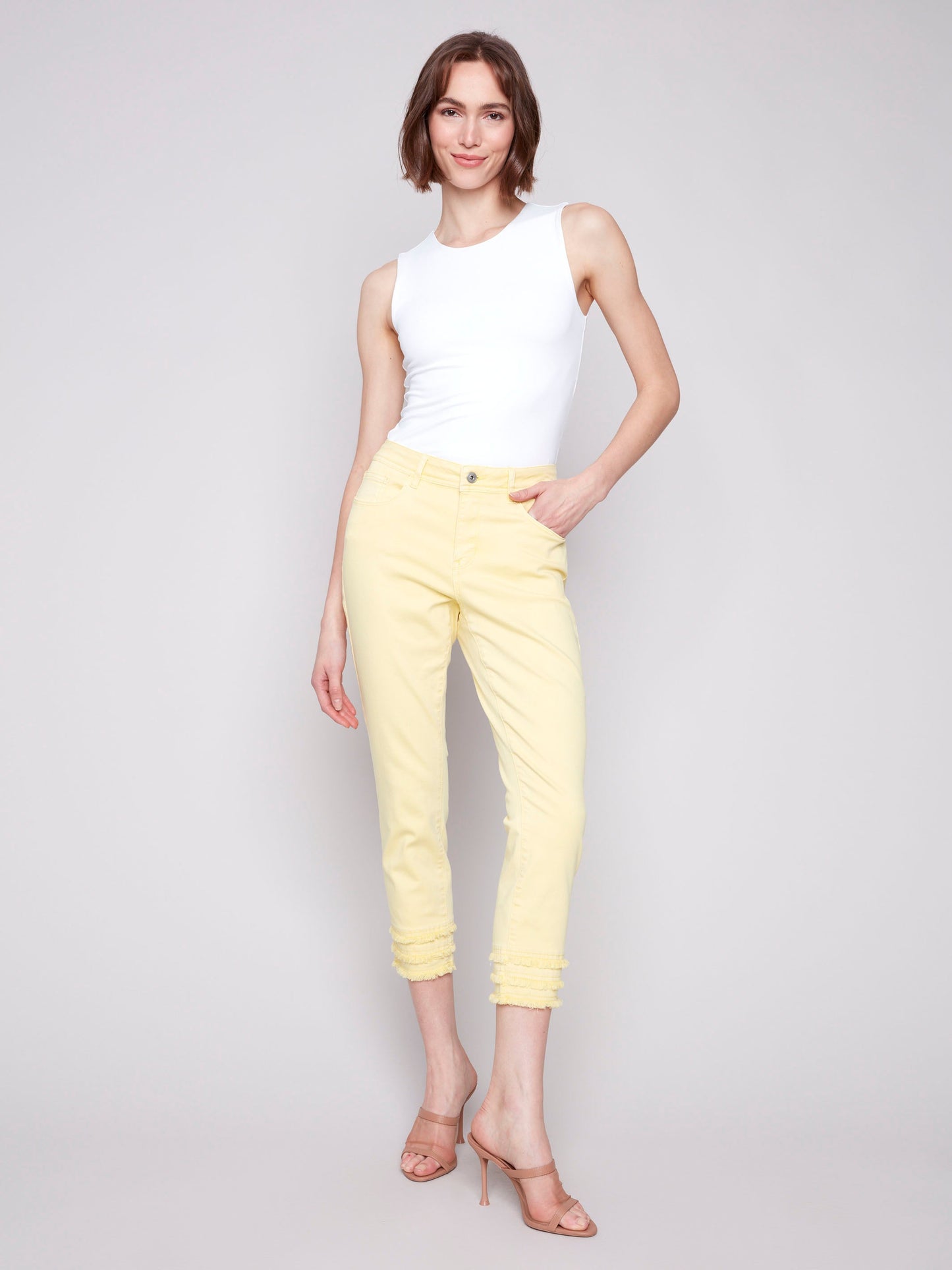 Frayed Hem Cropped Twill Pants - Lemonade