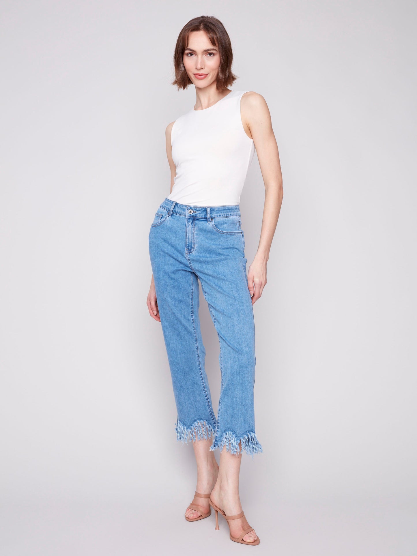 Cropped Jeans With Fringed Hem - Blue Jean