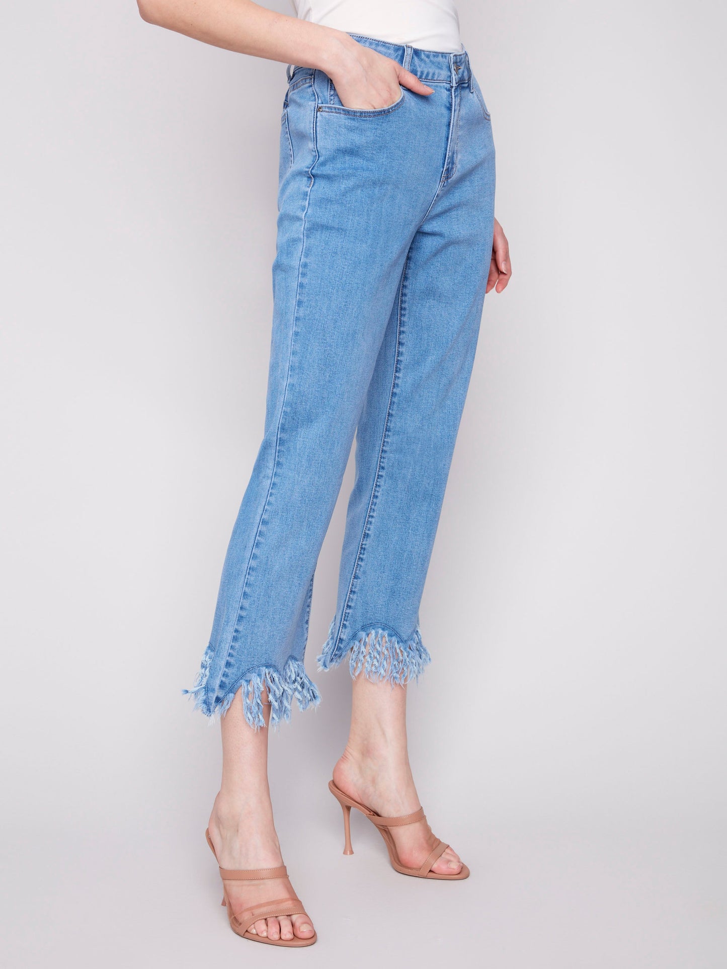 Cropped Jeans With Fringed Hem - Blue Jean