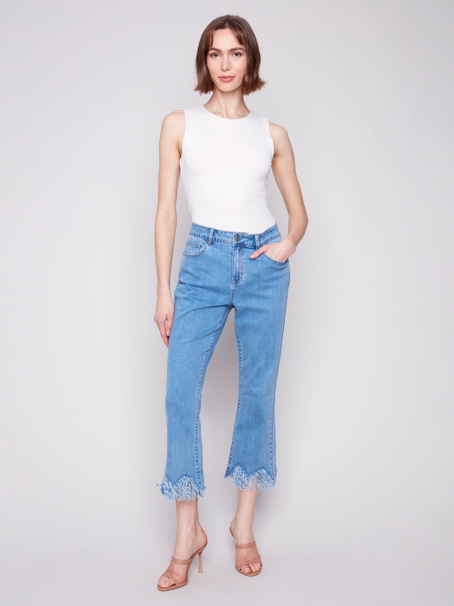 Cropped Jeans With Fringed Hem - Blue Jean