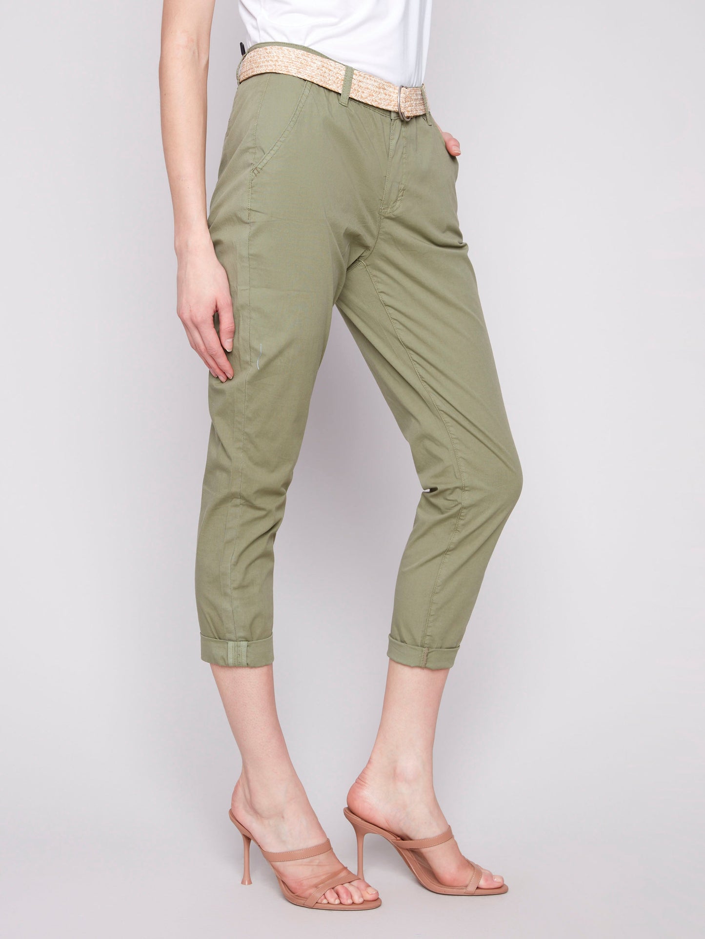 Slim Fit Pants with Belt - Celadon
