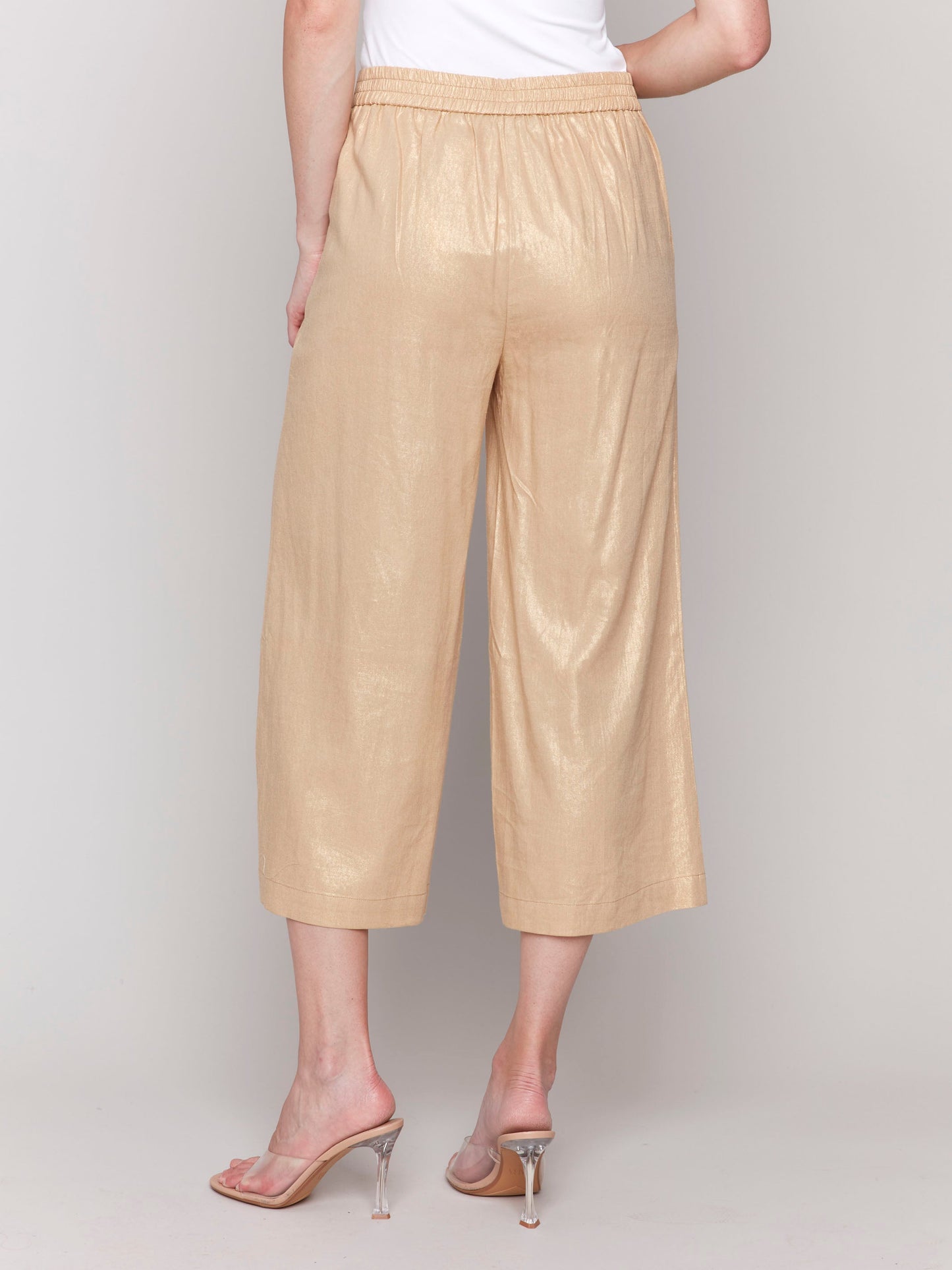 Foil Linen Blend Cropped Pull-On Pants - Gold