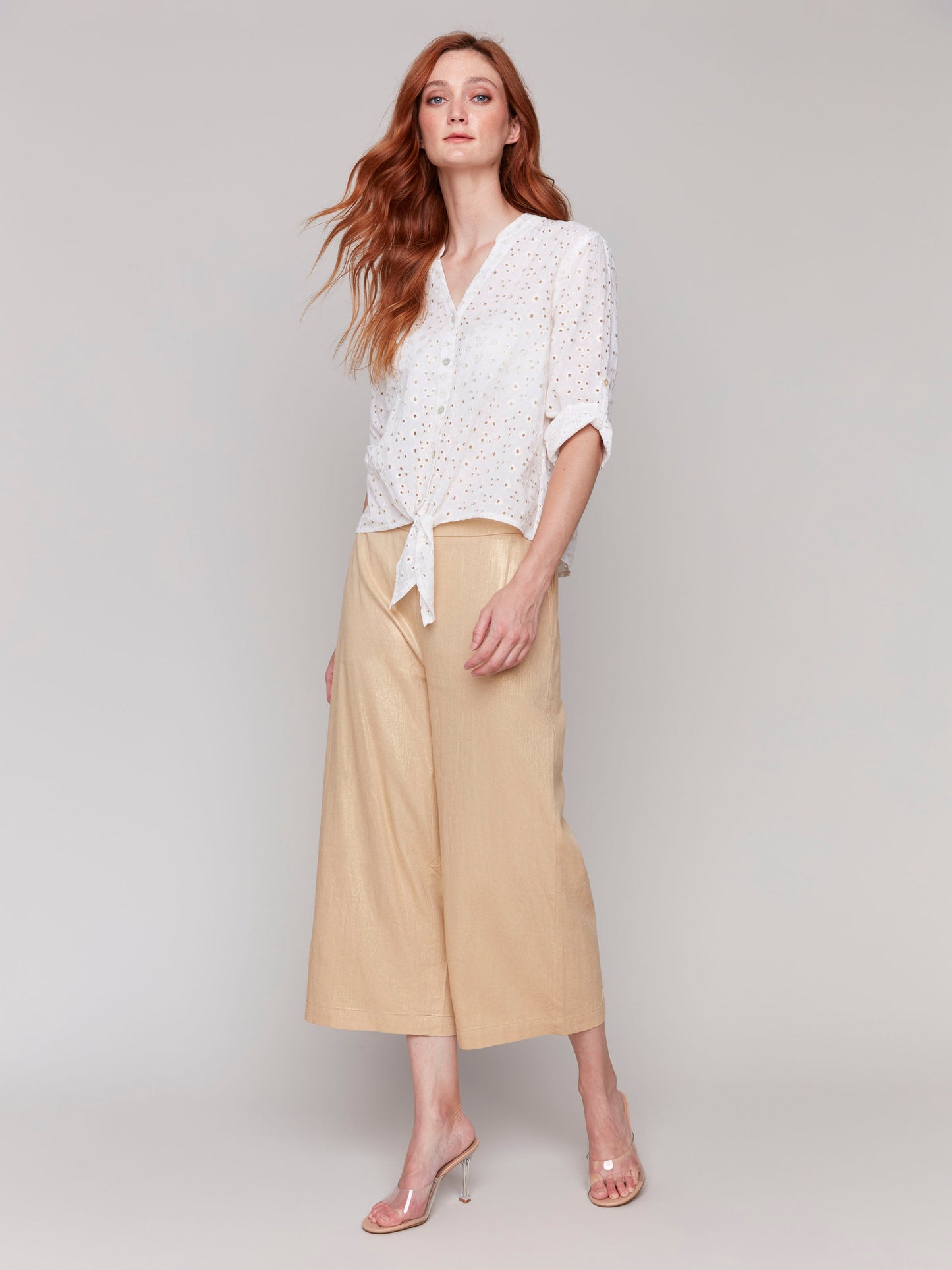 Foil Linen Blend Cropped Pull-On Pants - Gold