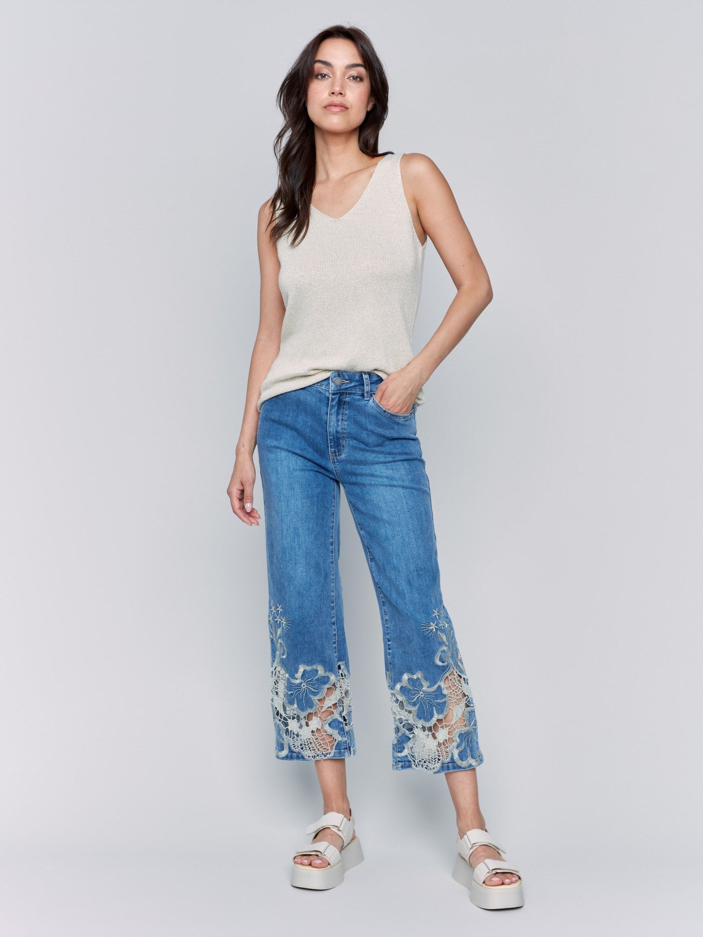 Cropped Flare Leg Jeans with Lace Hem - Medium Blue