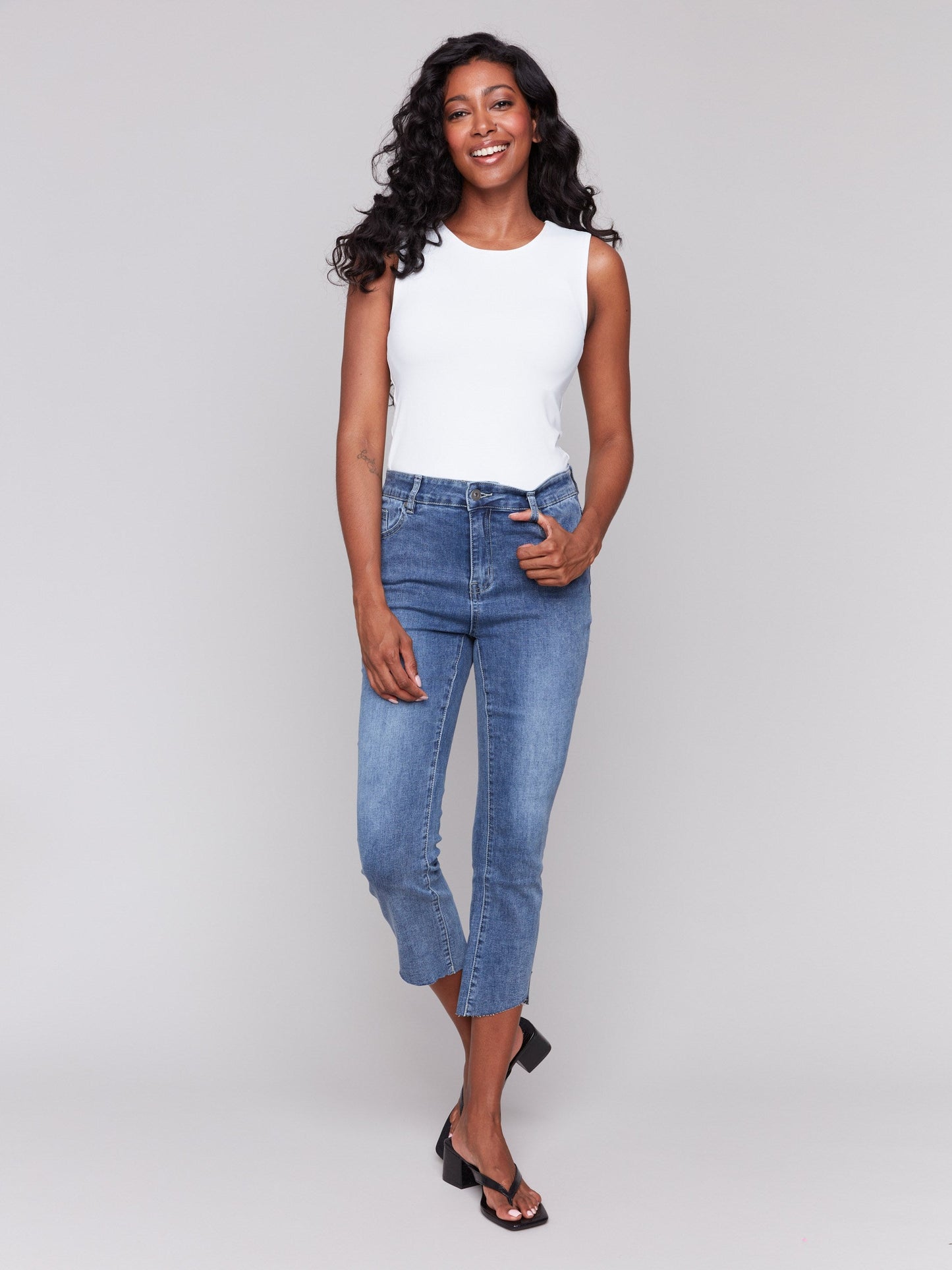 Cropped Jeans with Asymmetrical Hem - Medium Blue