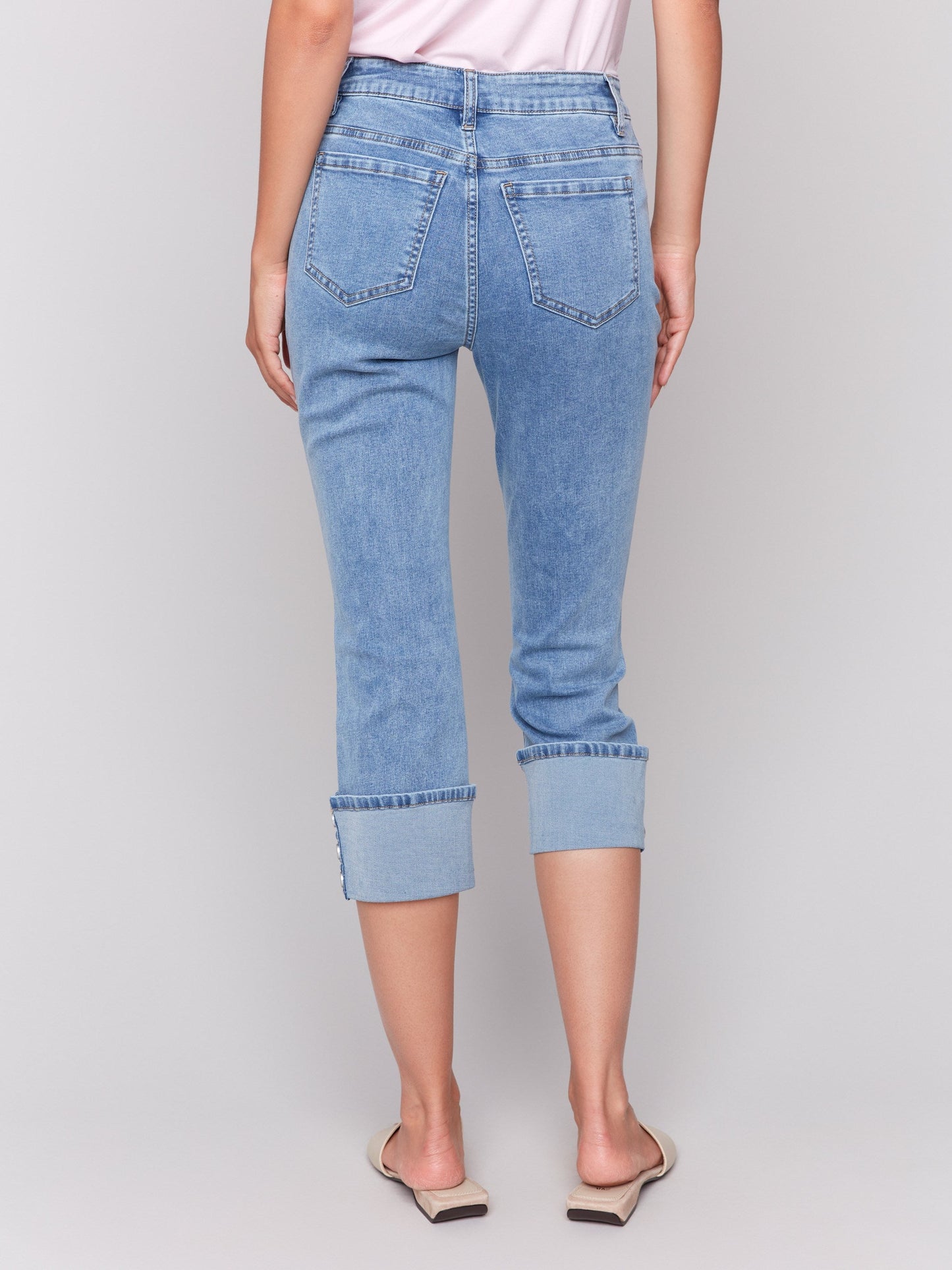 Cropped Jeans with Snap Button Cuff Detail - Light Blue