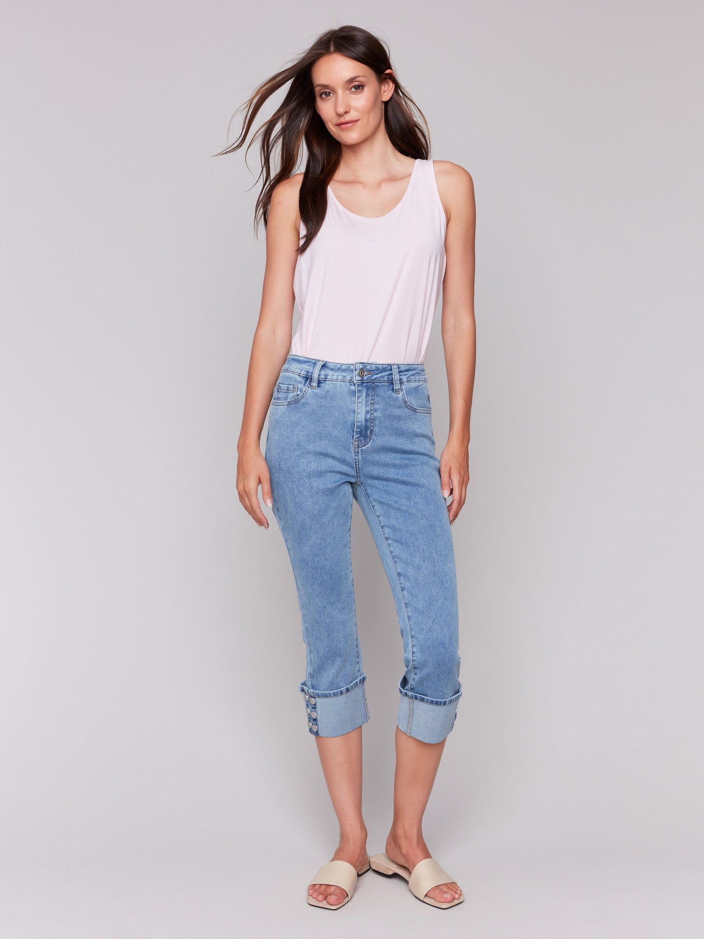 Cropped Jeans with Snap Button Cuff Detail - Light Blue
