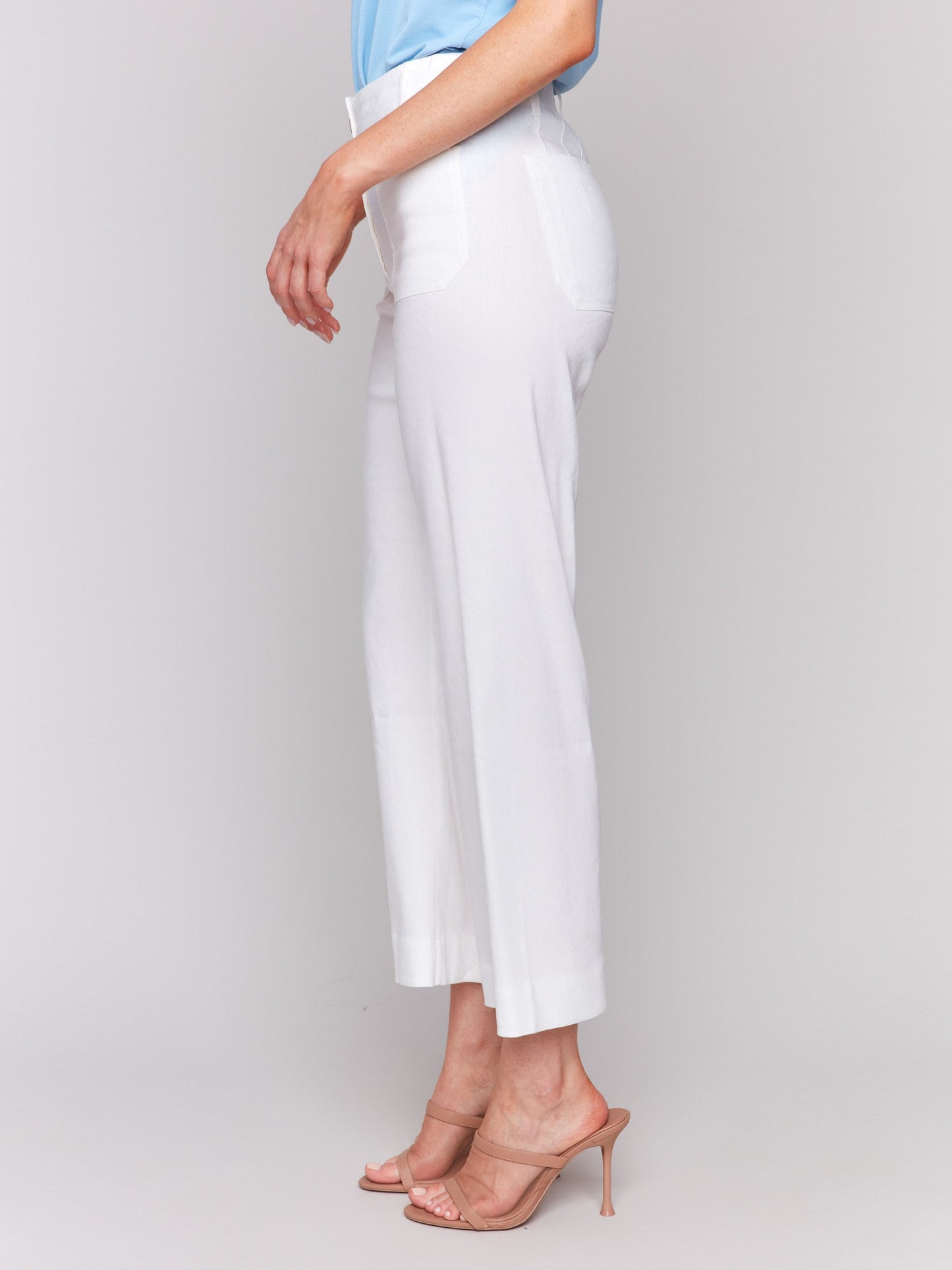Cropped Linen Blend Pants - White