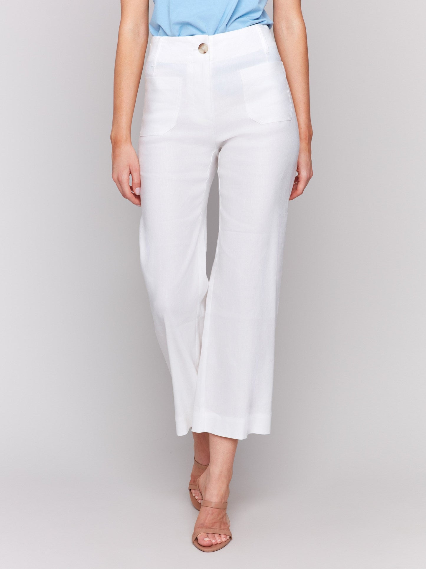 Cropped Linen Blend Pants - White