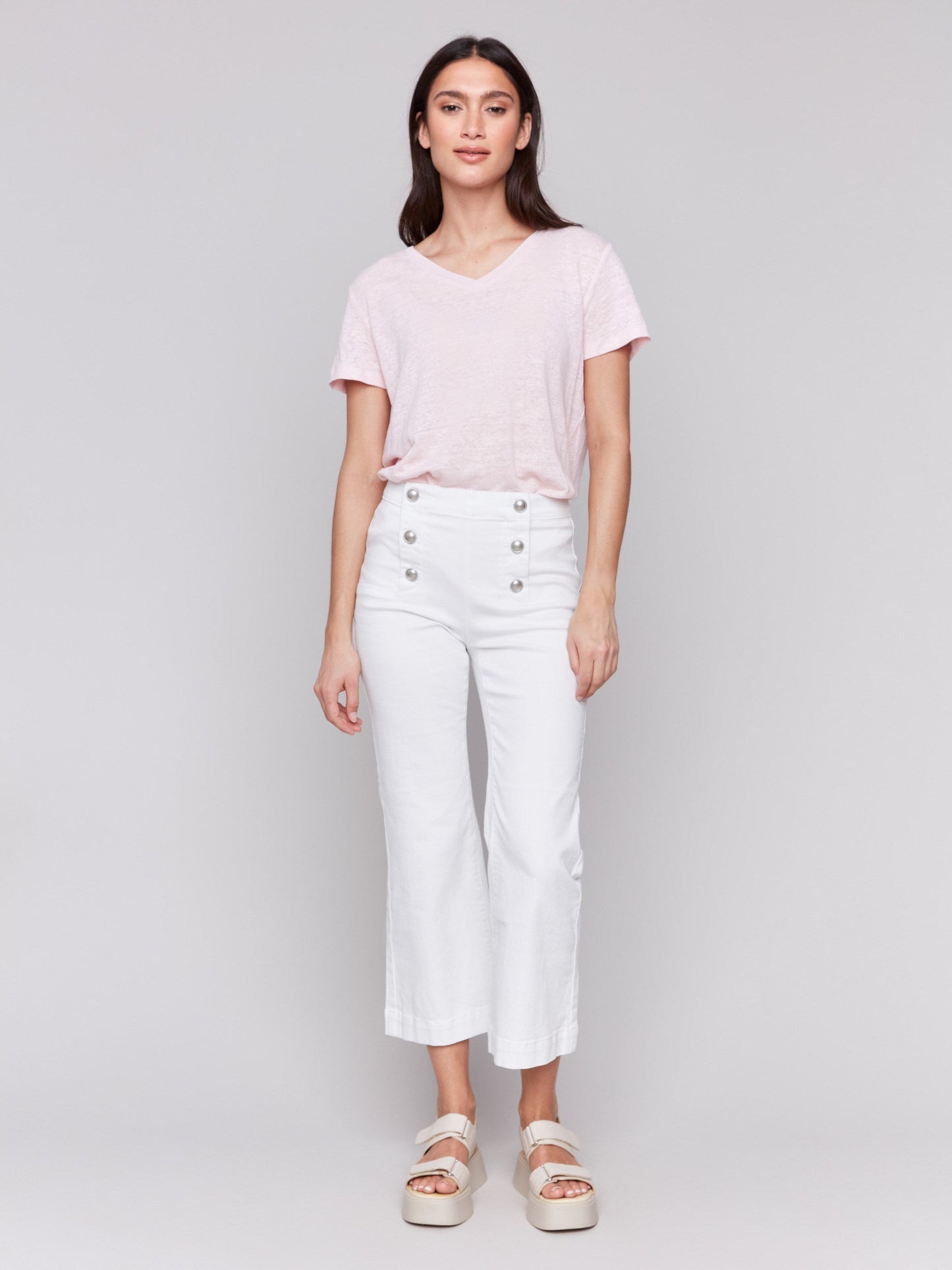 Cropped Pull-On Flare Jeans with Front Buttons - White