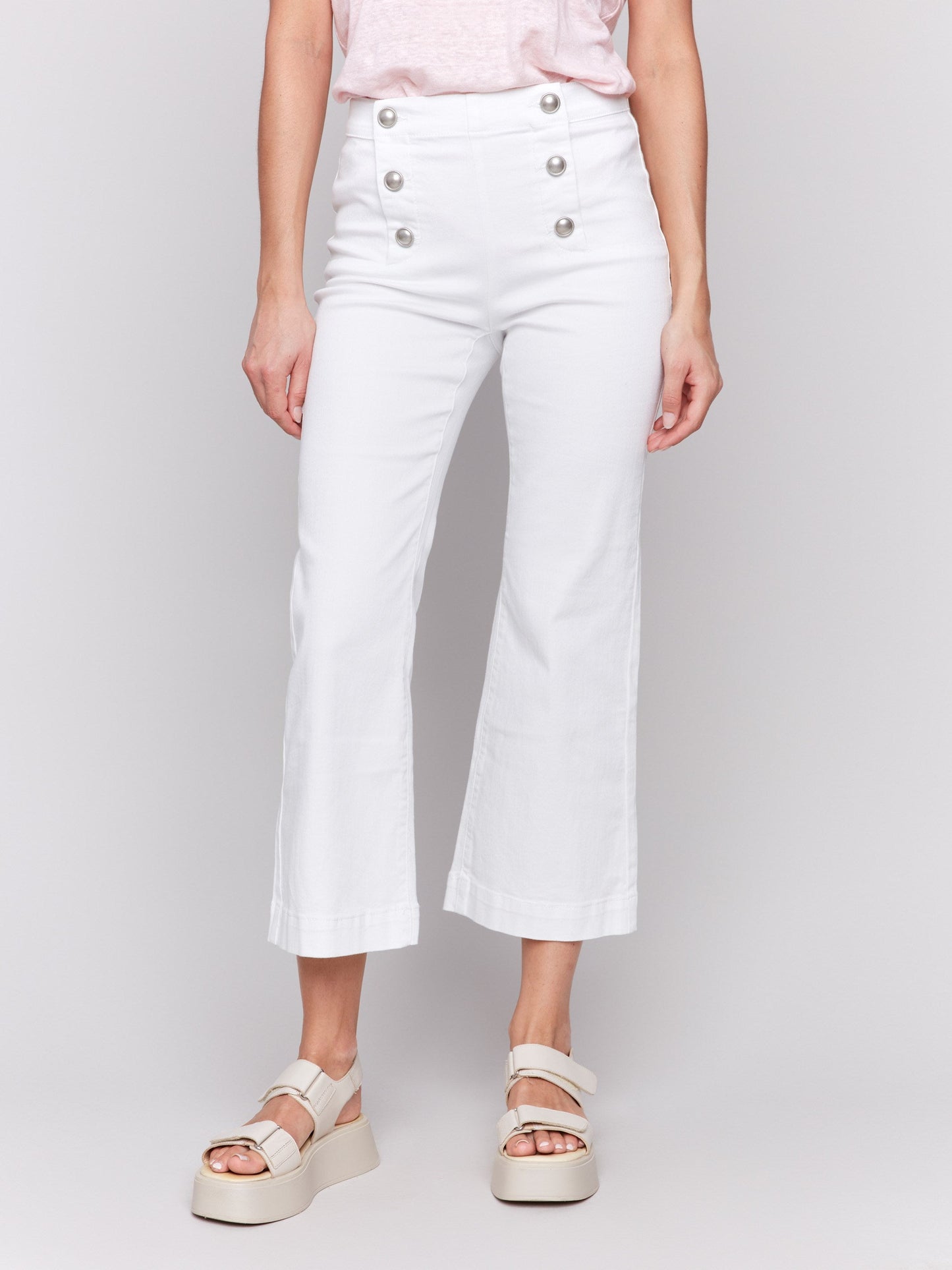 Cropped Pull-On Flare Jeans with Front Buttons - White