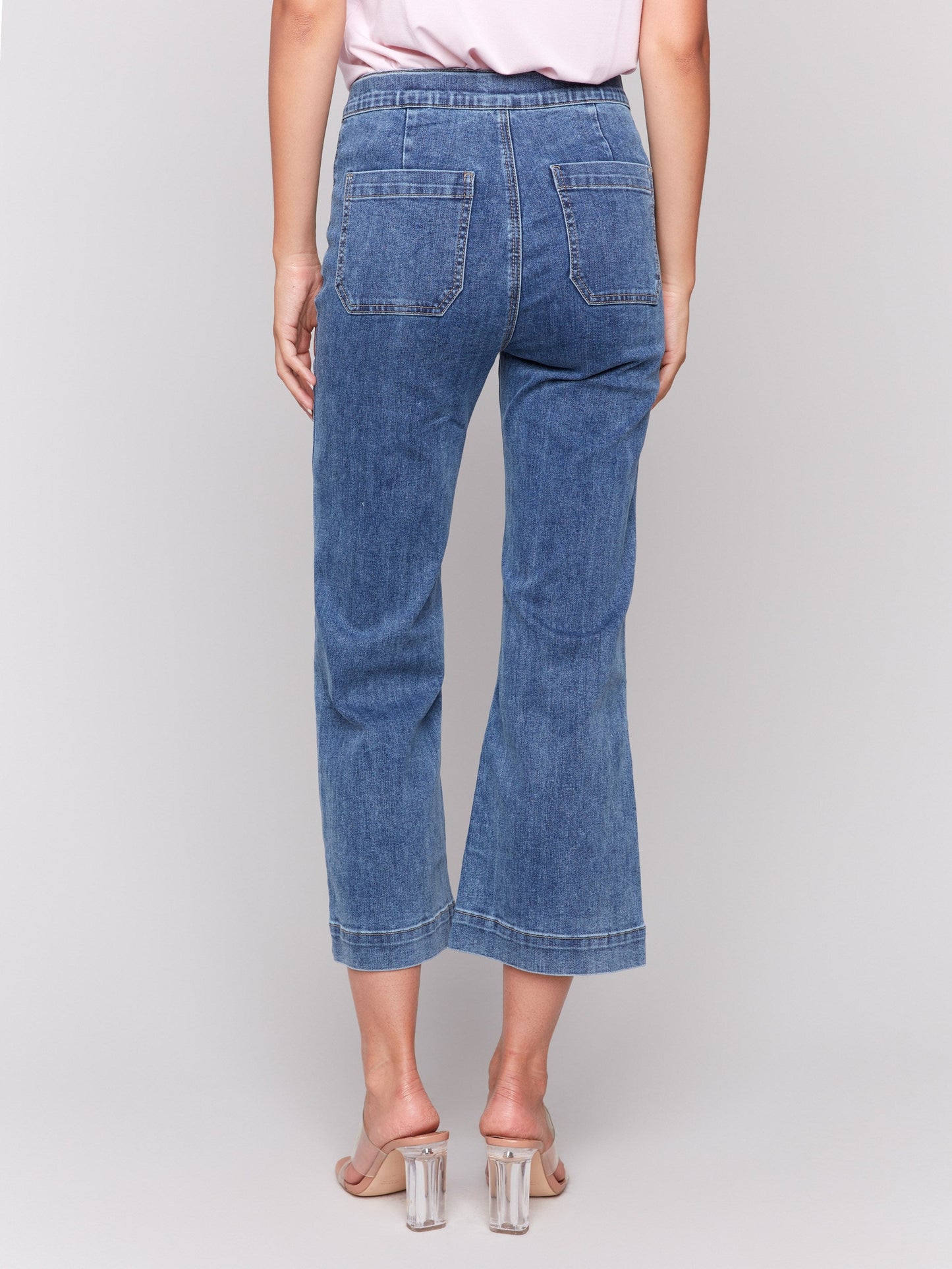 Cropped Pull-On Flare Jeans with Front Buttons - Medium Blue