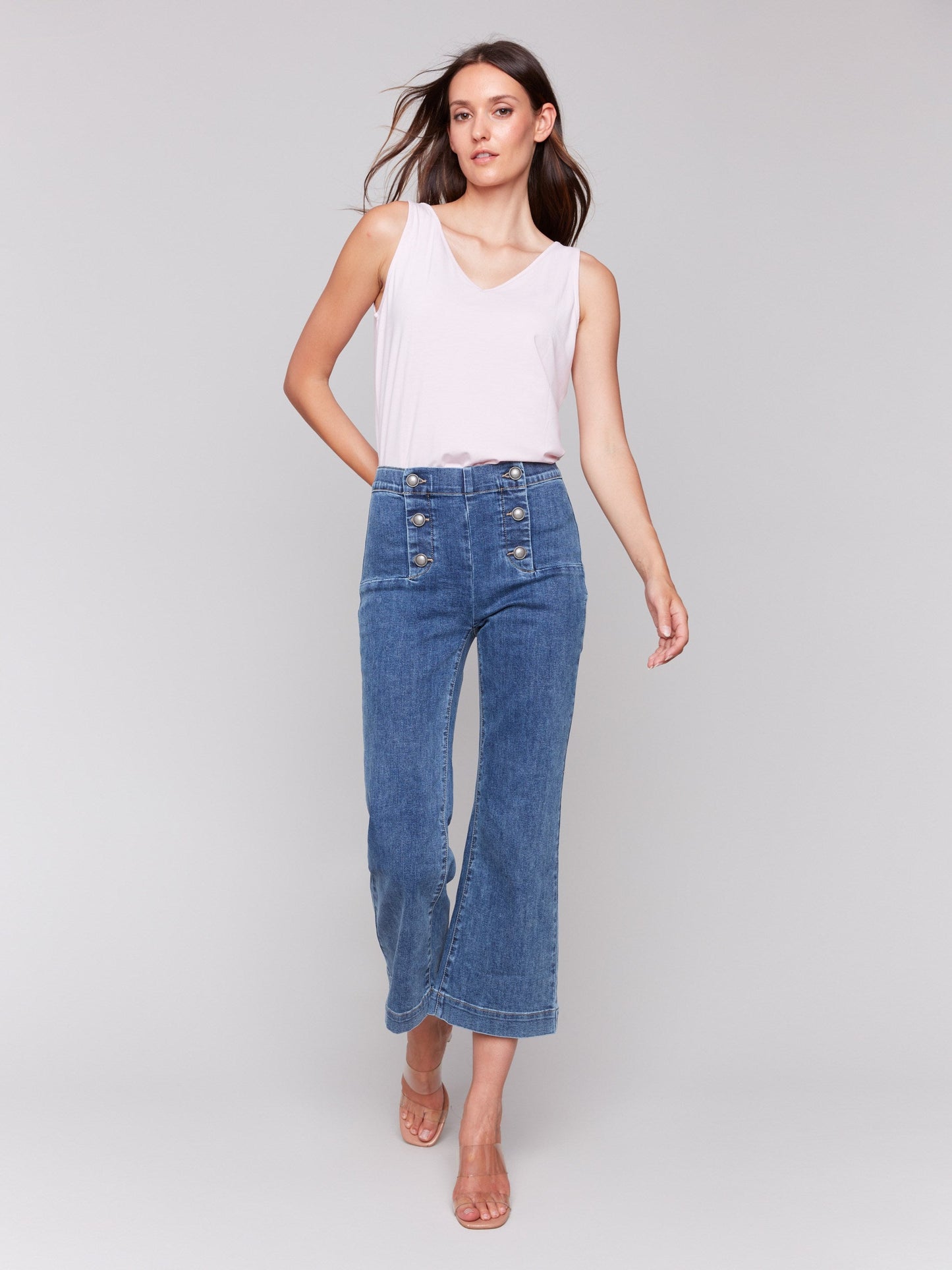 Cropped Pull-On Flare Jeans with Front Buttons - Medium Blue