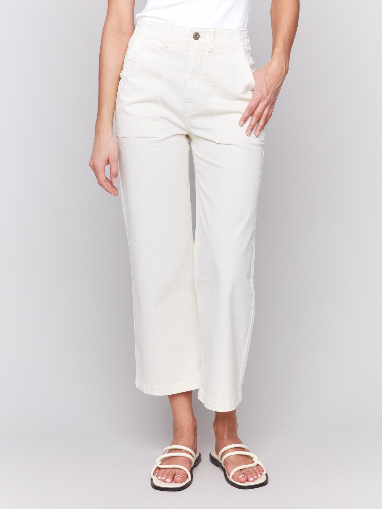 Cropped Utility Pocket Twill Pants - Natural
