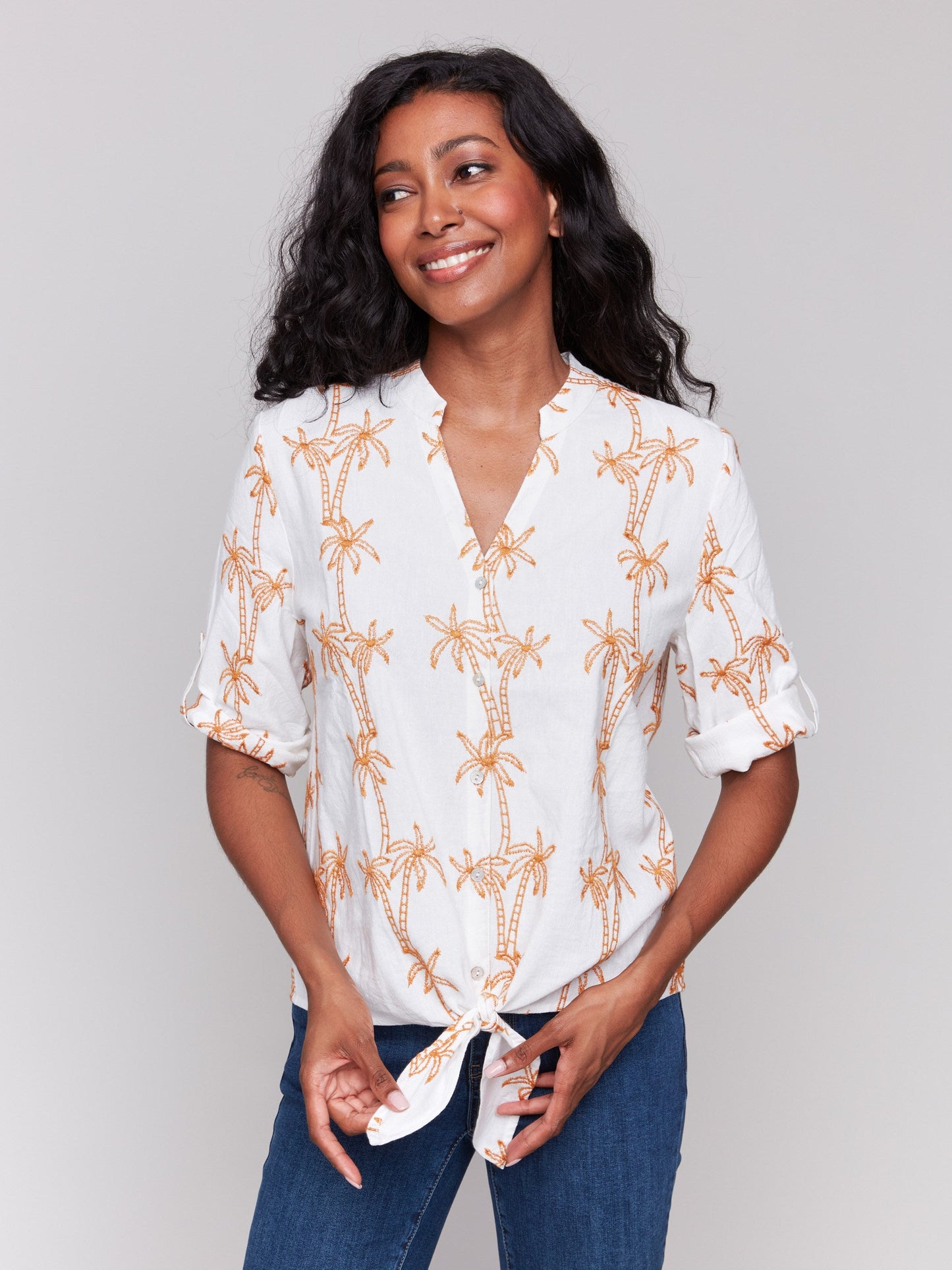 Embroidered Blouse with Front Tie - Papaya