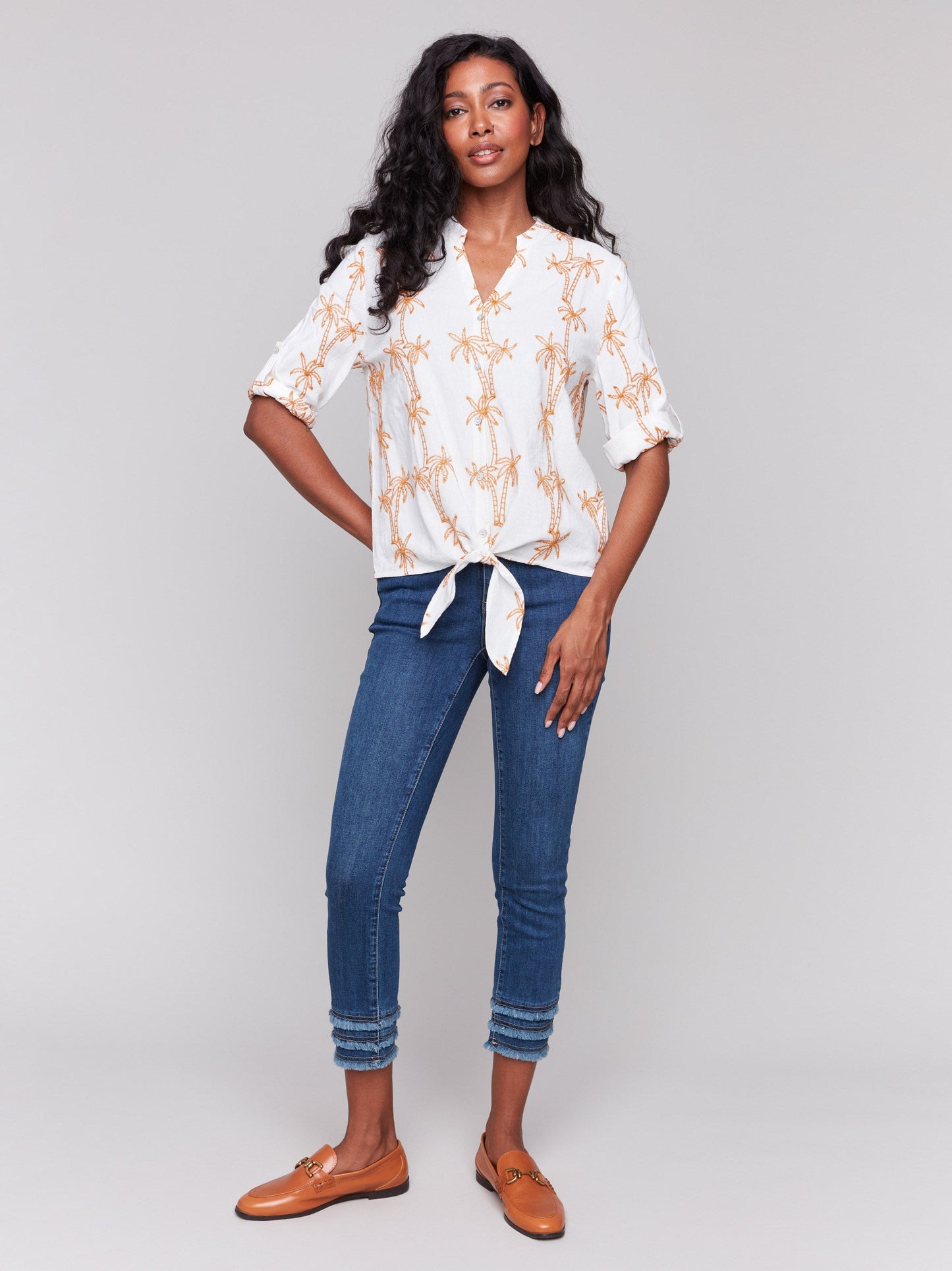 Embroidered Blouse with Front Tie - Papaya