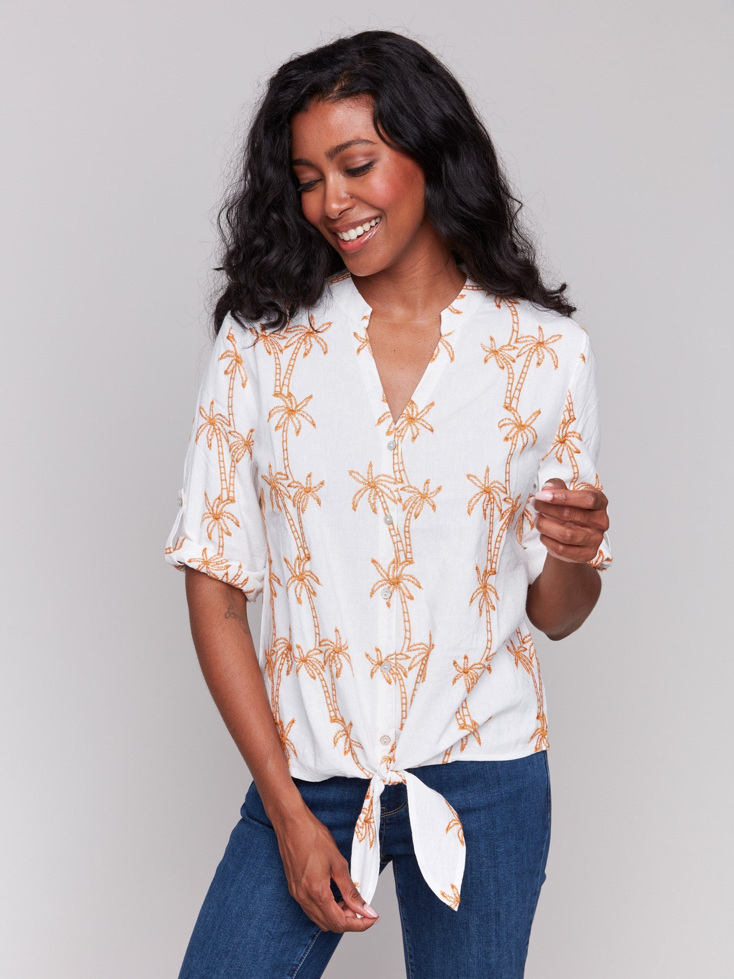 Embroidered Blouse with Front Tie - Papaya