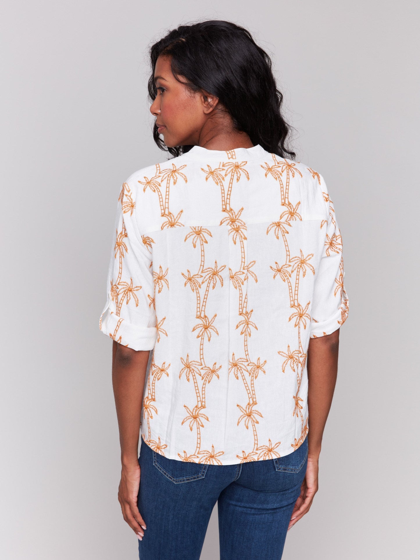 Embroidered Blouse with Front Tie - Papaya