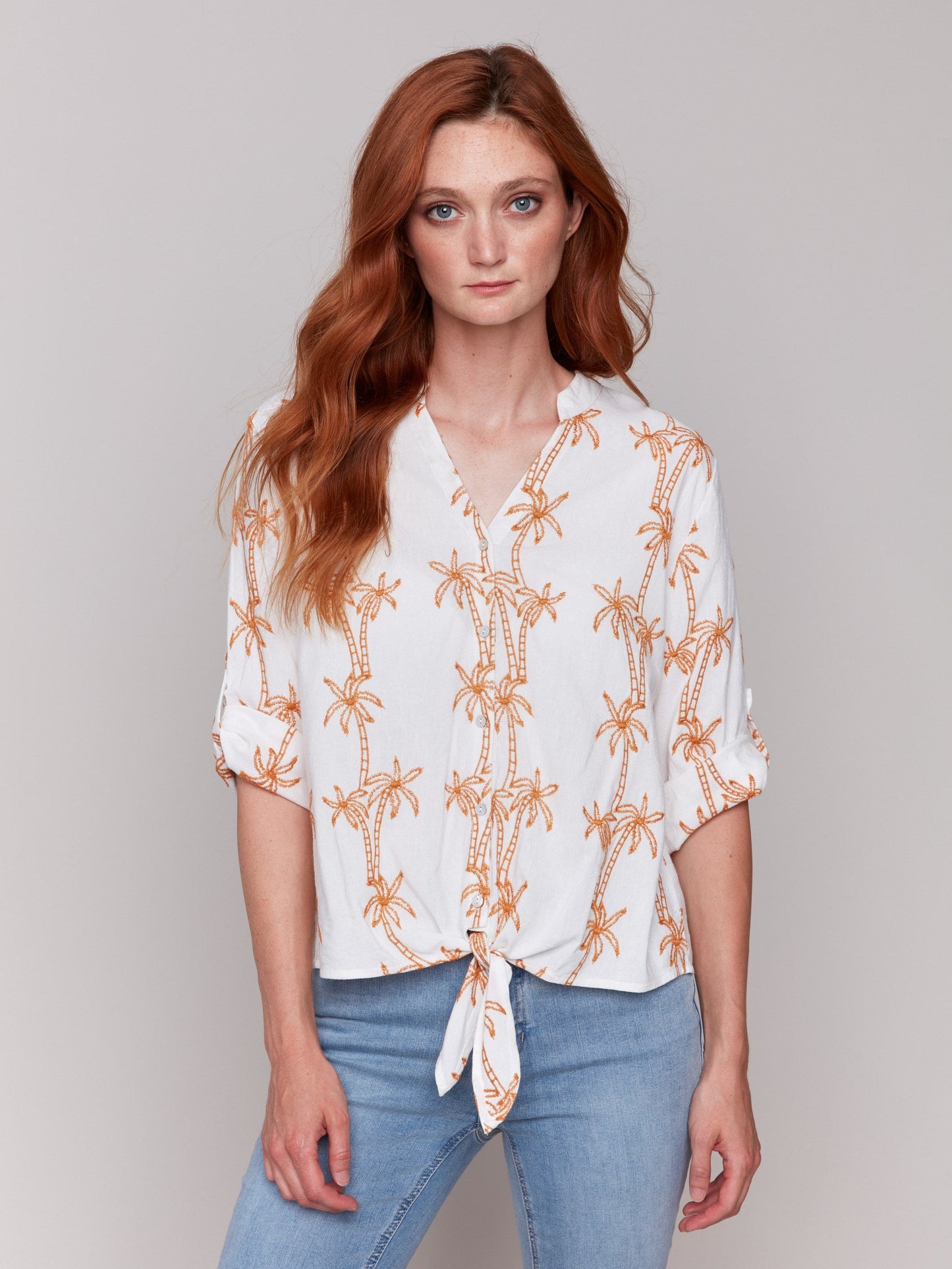 Embroidered Blouse with Front Tie - Papaya