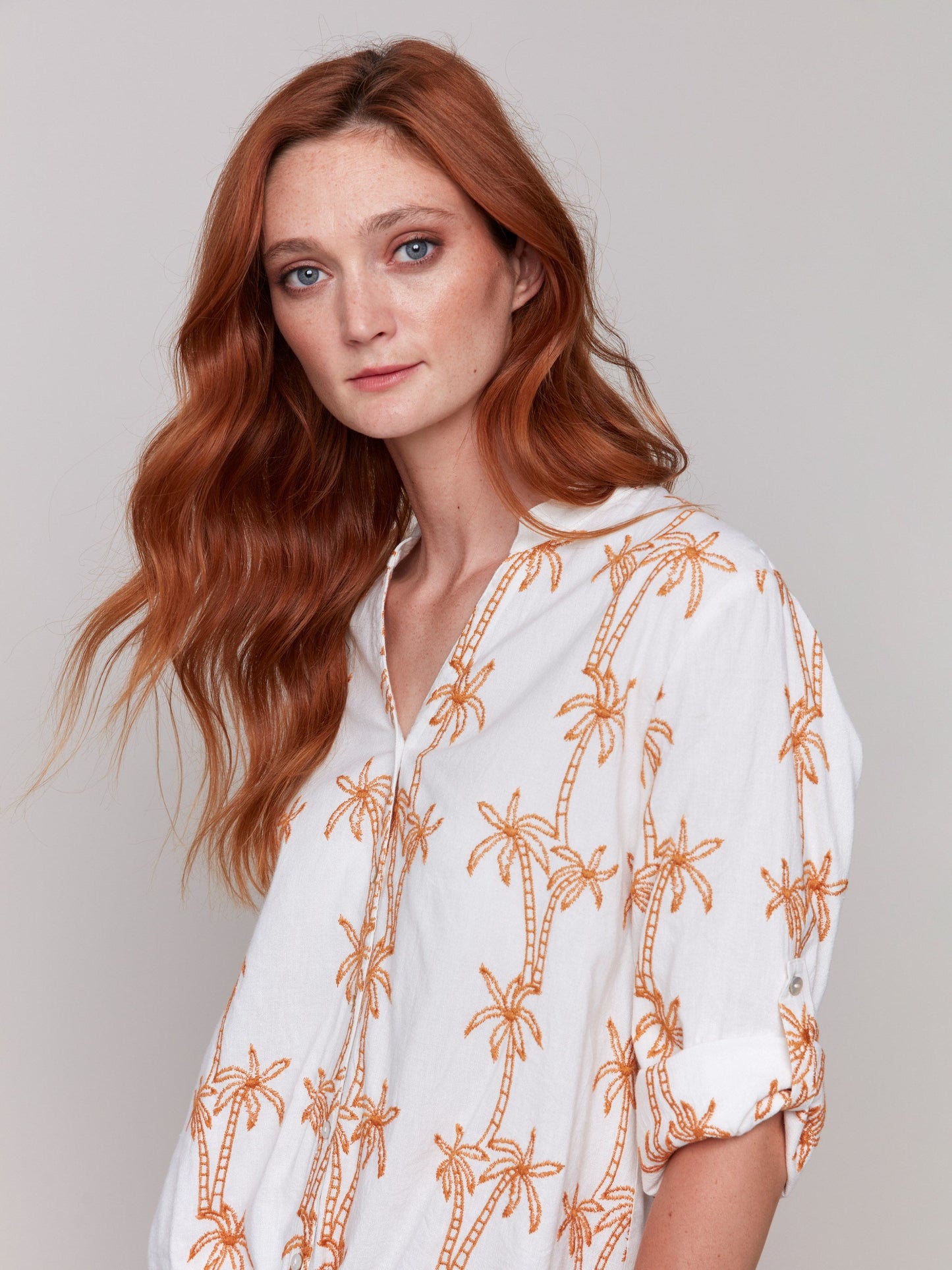 Embroidered Blouse with Front Tie - Papaya