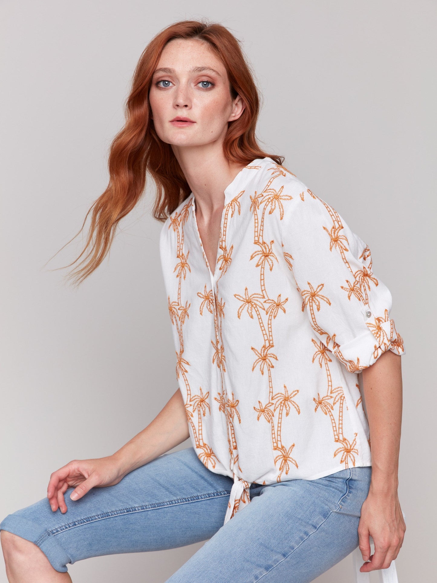 Embroidered Blouse with Front Tie - Papaya