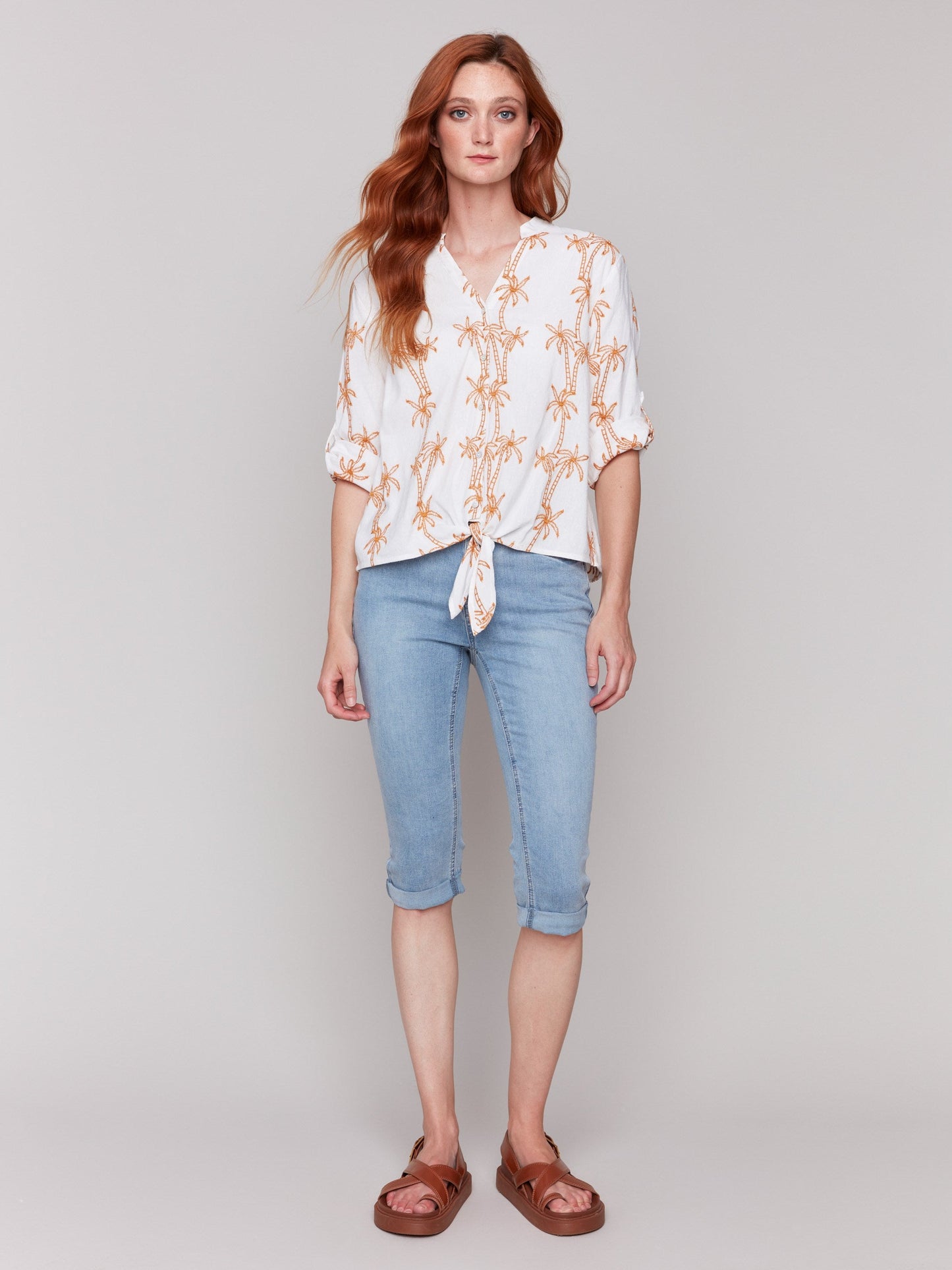 Embroidered Blouse with Front Tie - Papaya