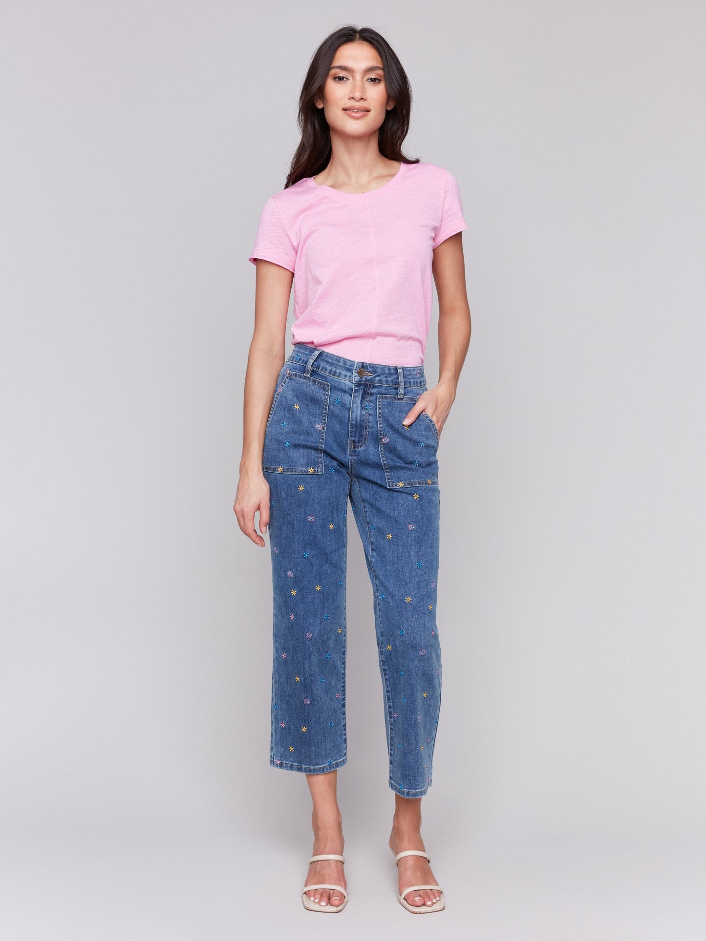 Embroidered Cropped Utility Pocket Jeans - Medium Blue