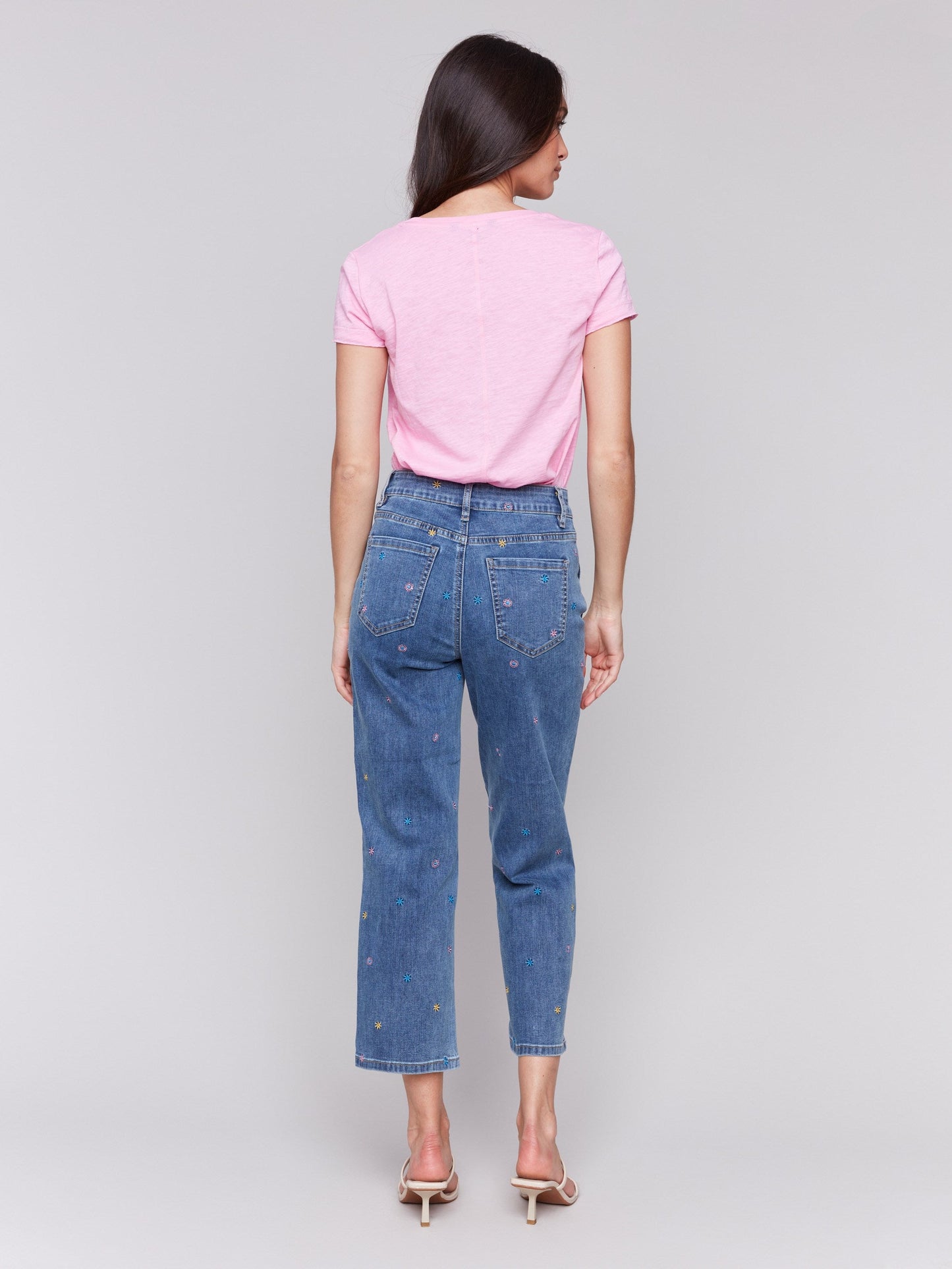 Embroidered Cropped Utility Pocket Jeans - Medium Blue