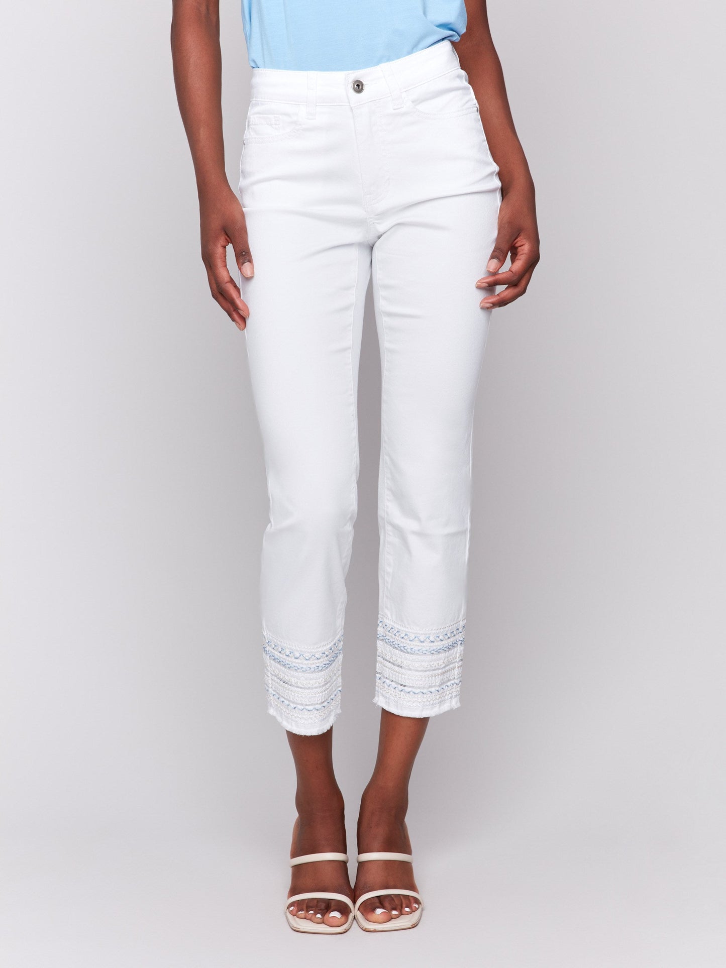 Embroidered Hem Jeans - White