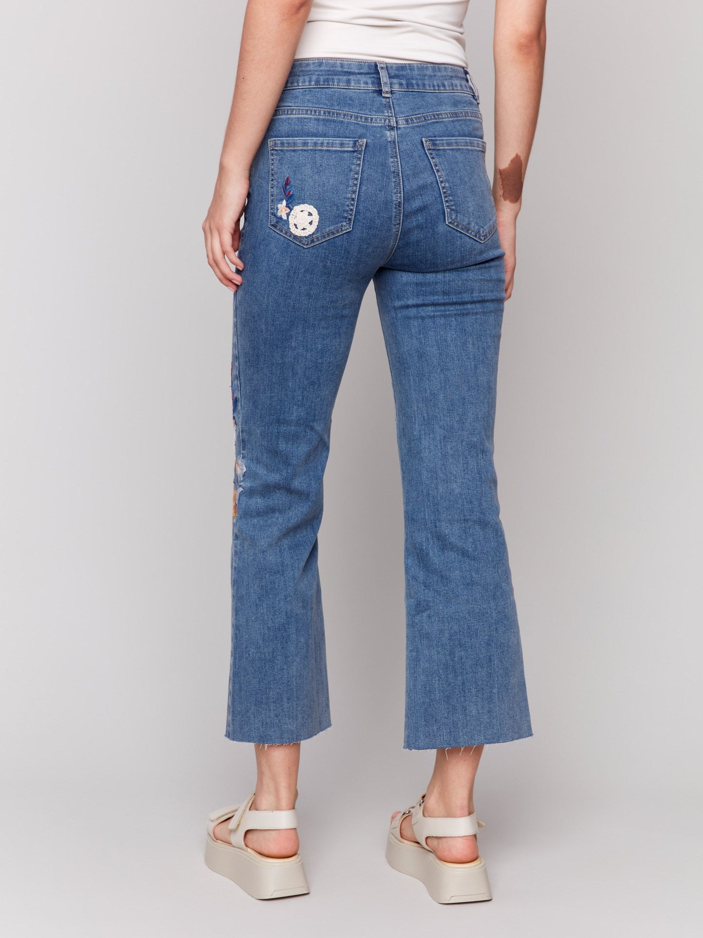 Floral Embroidered Crochet Jeans - Medium Blue