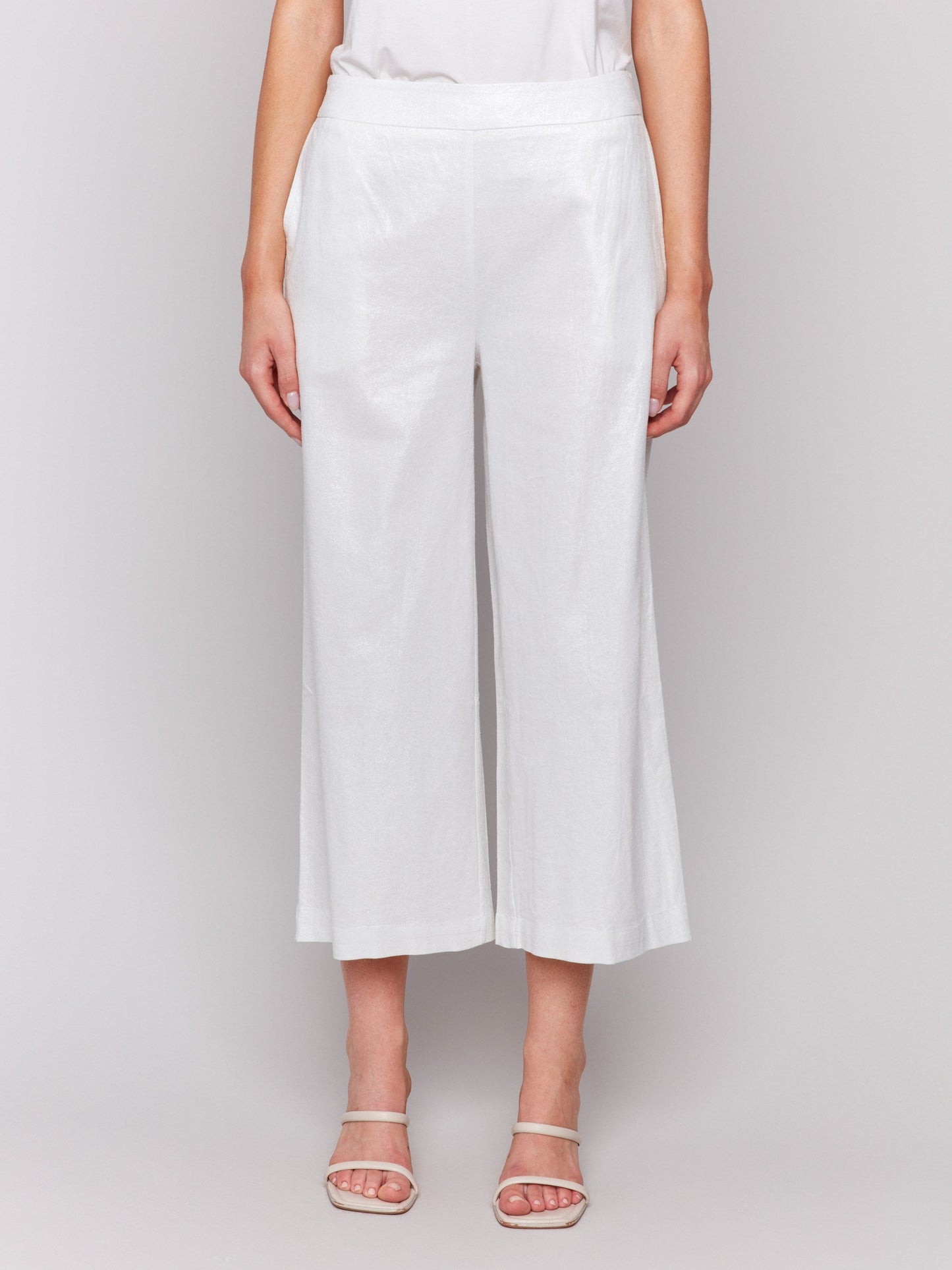 Foil Linen Blend Cropped Pull-On Pants - Champagne