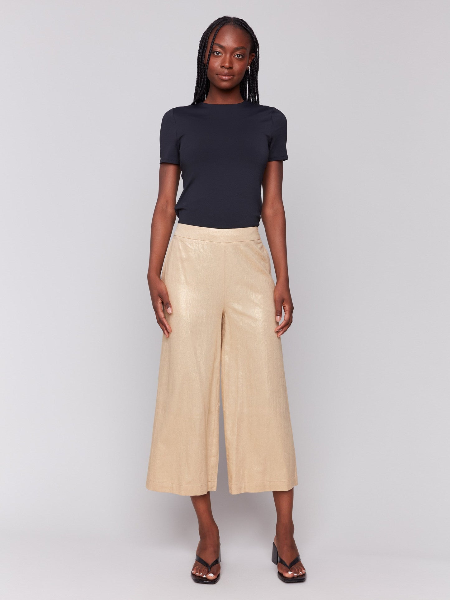 Foil Linen Blend Cropped Pull-On Pants - Gold