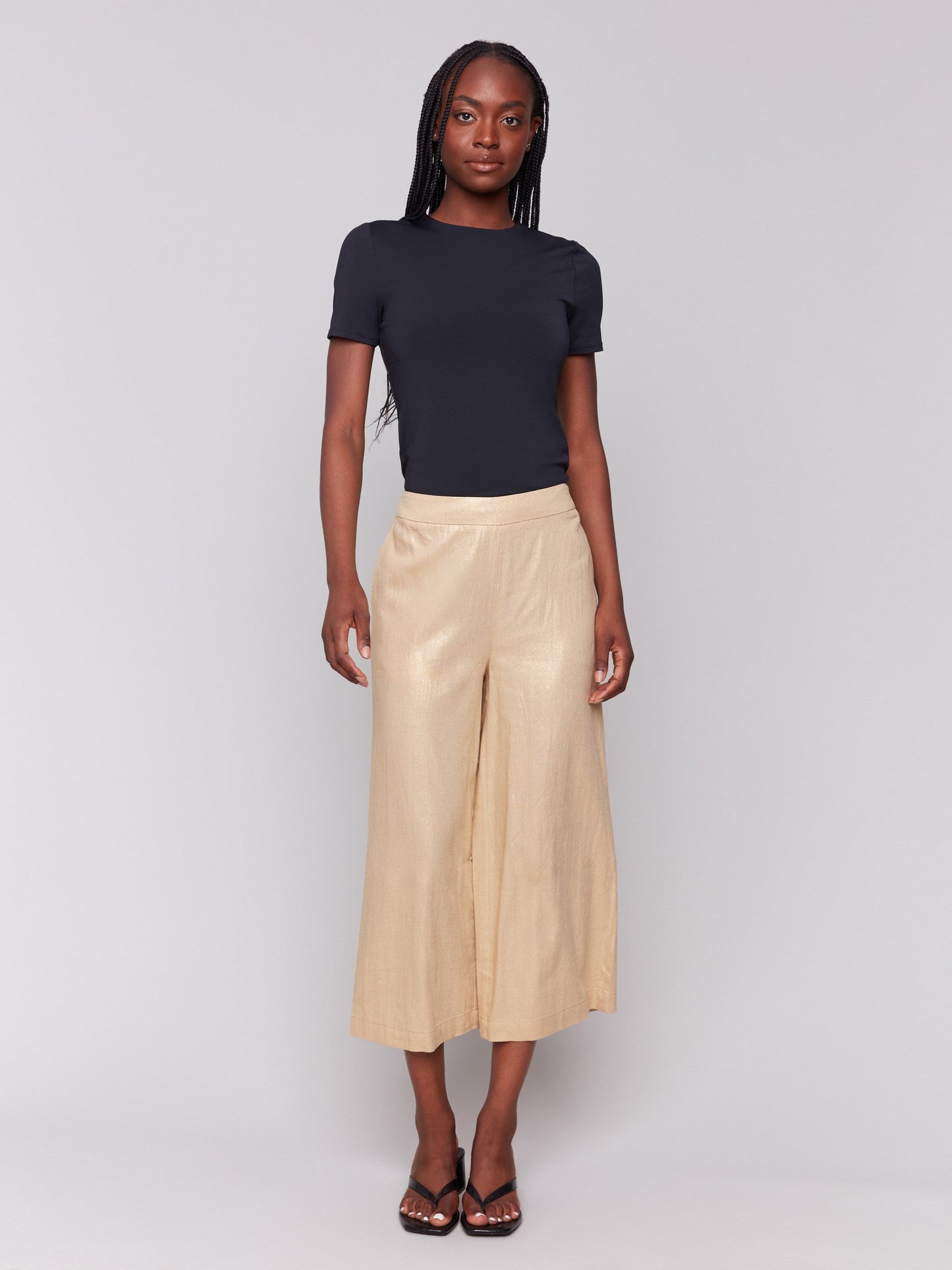 Foil Linen Blend Cropped Pull-On Pants - Gold