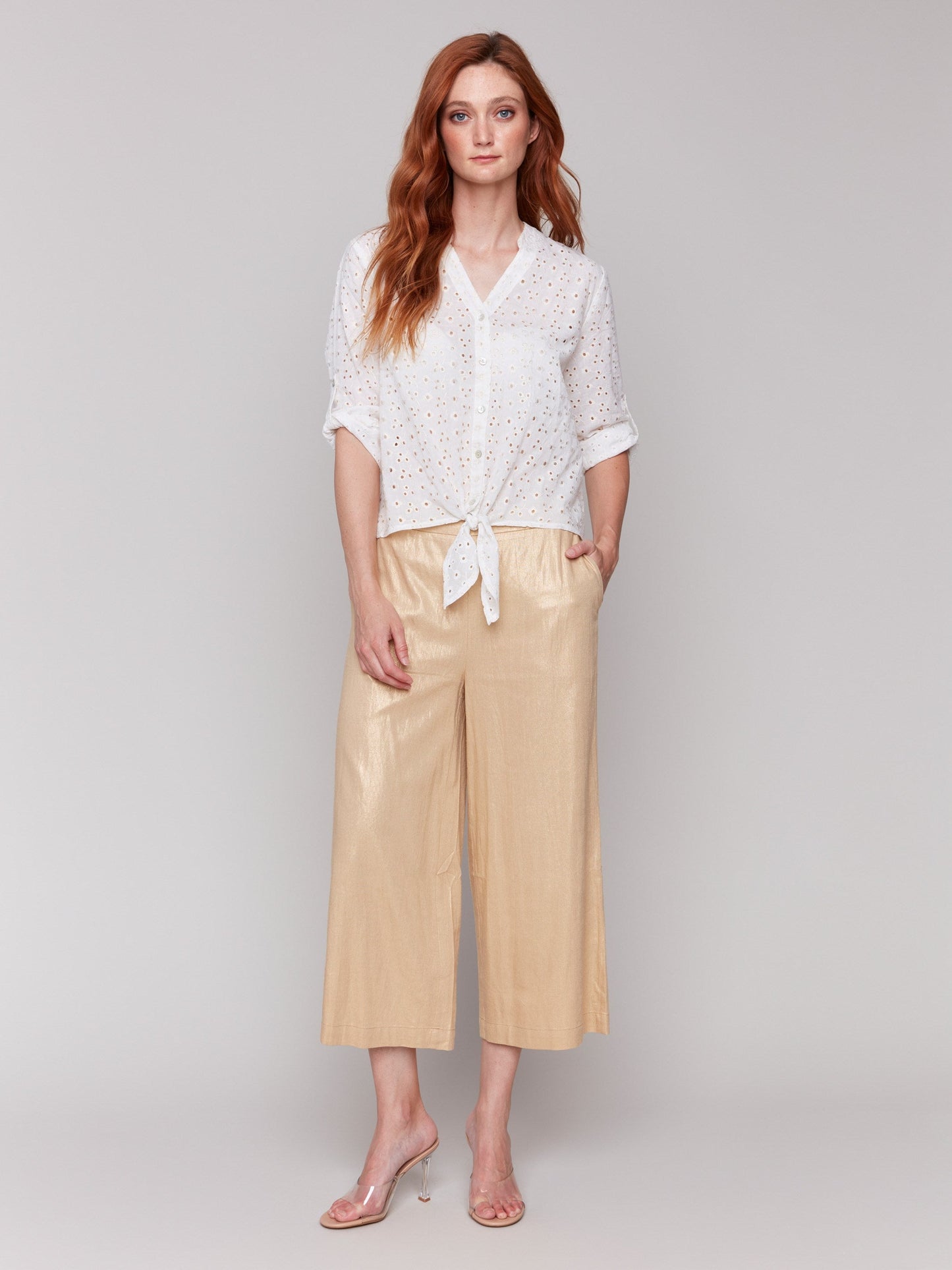 Foil Linen Blend Cropped Pull-On Pants - Gold