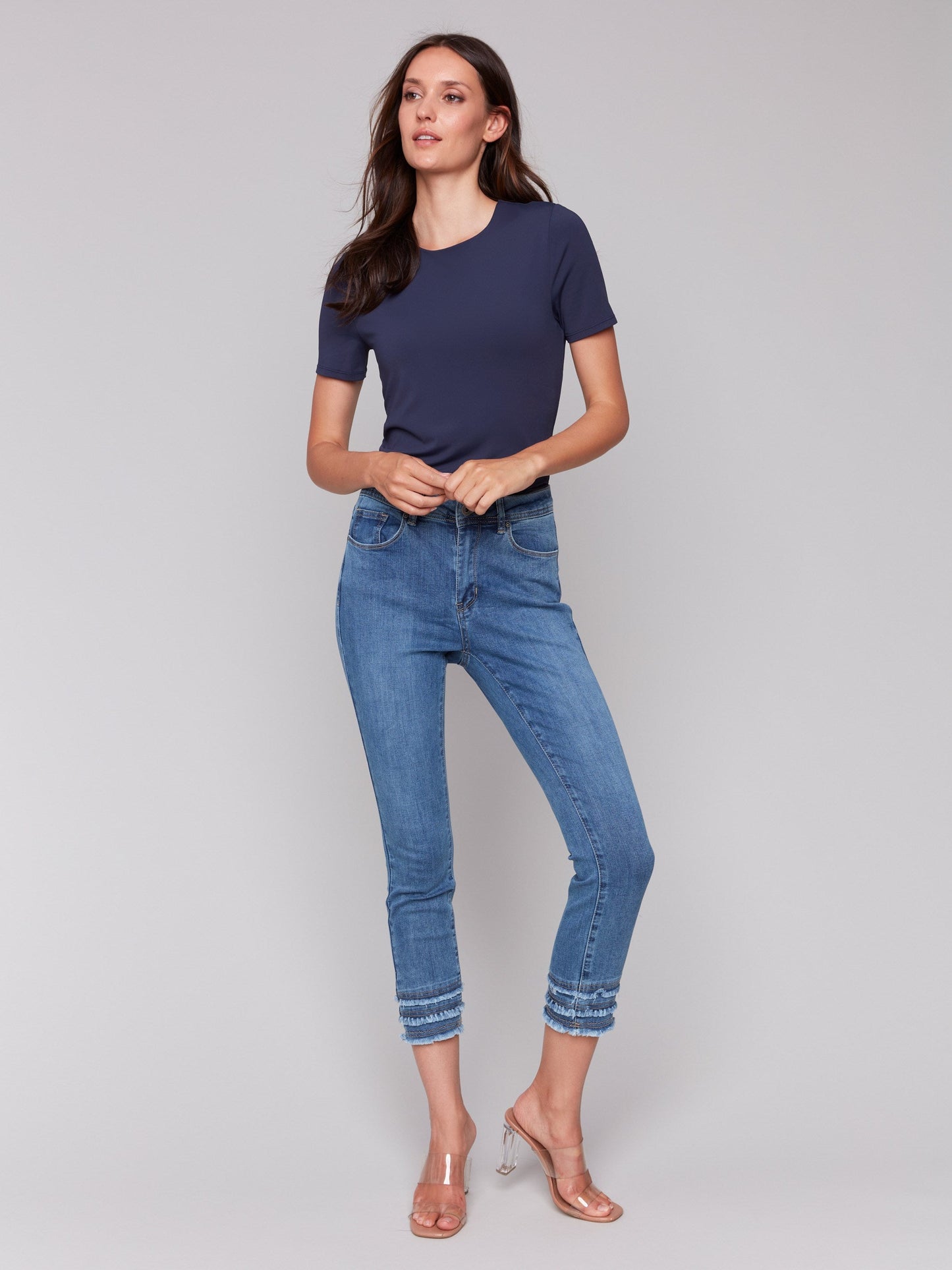 Frayed Hem Cropped Denim Pants - Medium Blue