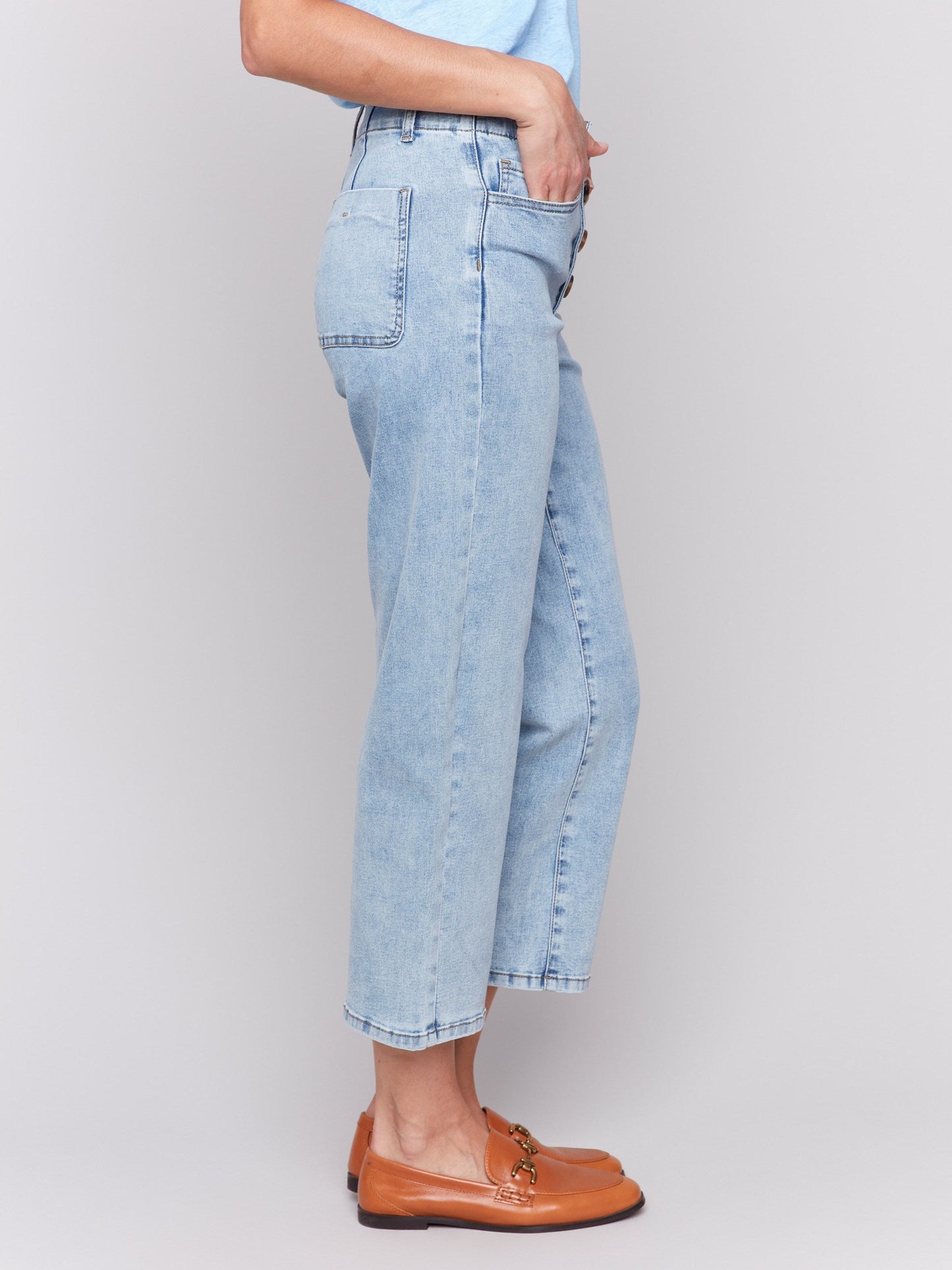 Front Button-Fly Straight Crop Jeans - Light Blue
