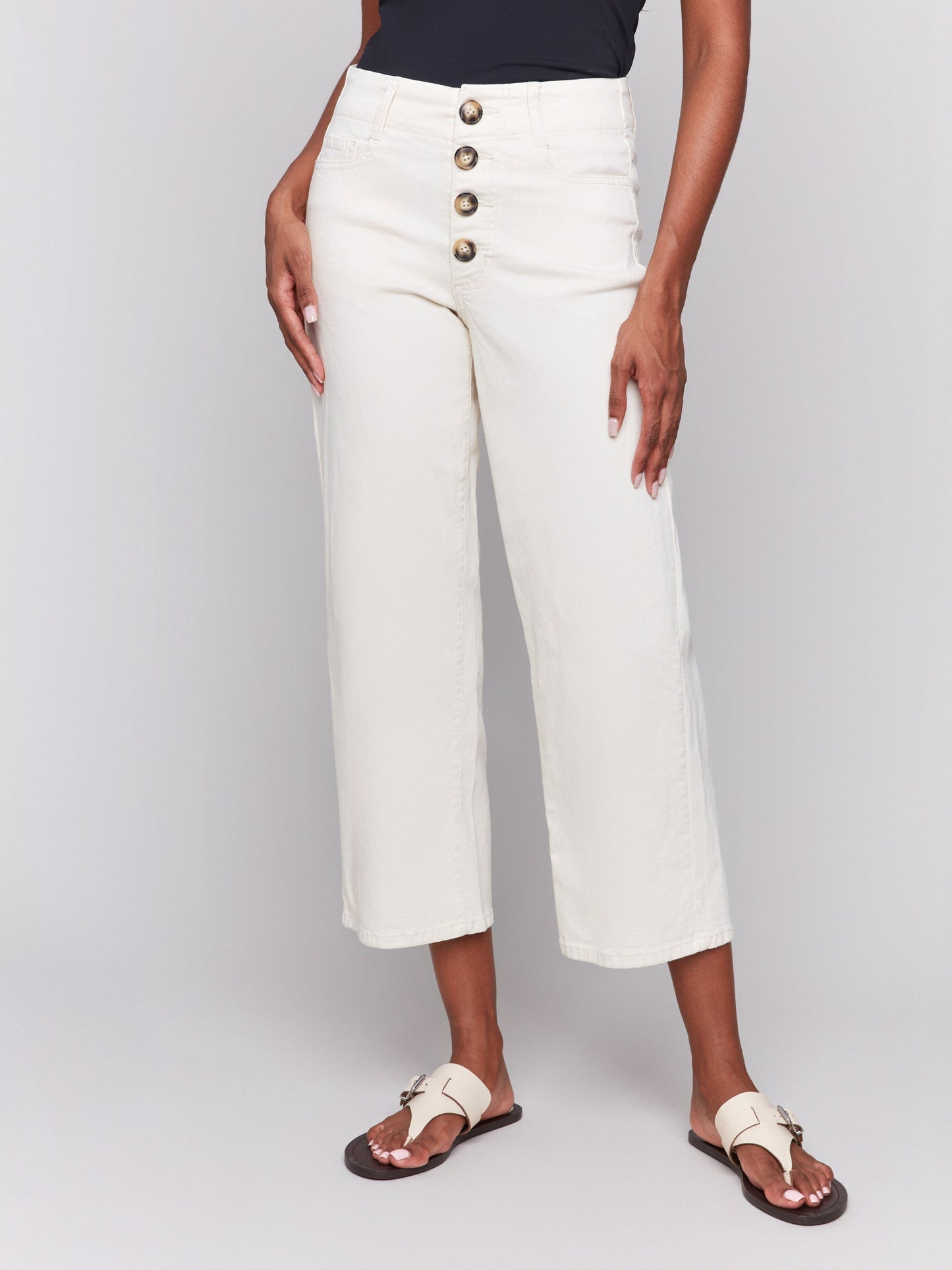 Front Button-Fly Crop Twill Pants - Natural