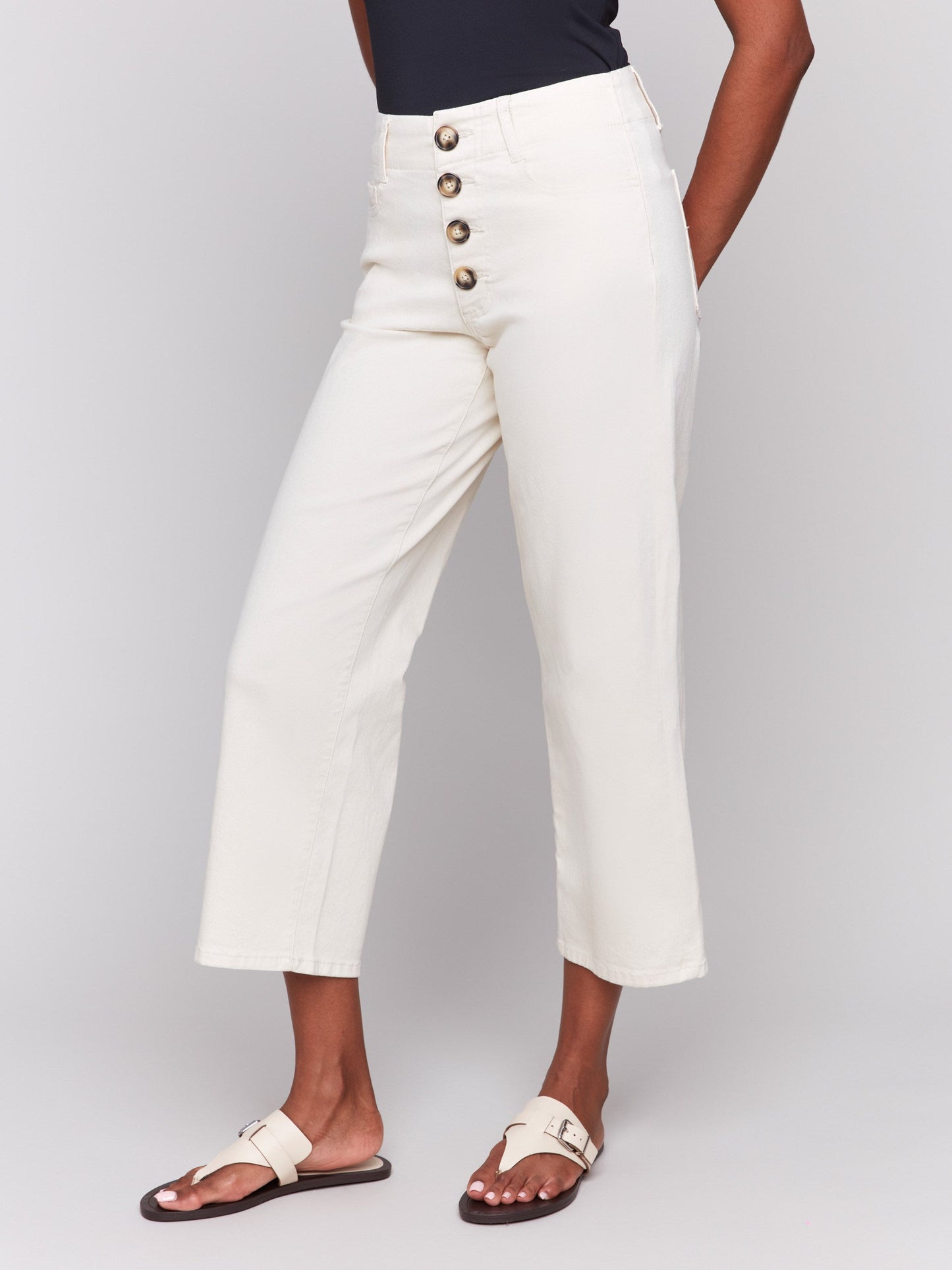 Front Button-Fly Crop Twill Pants - Natural