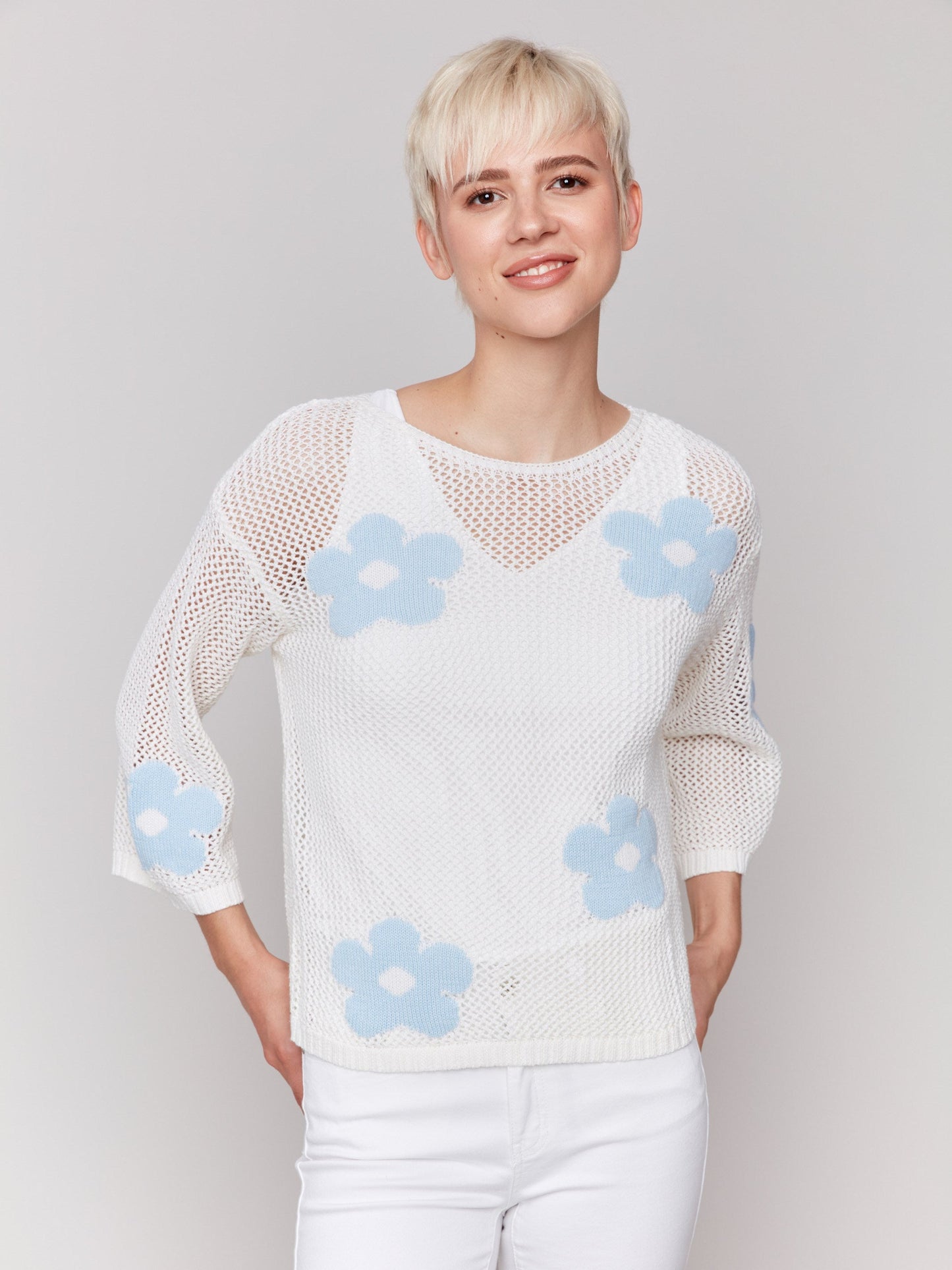 Jacquard Knit Crochet Sweater - White