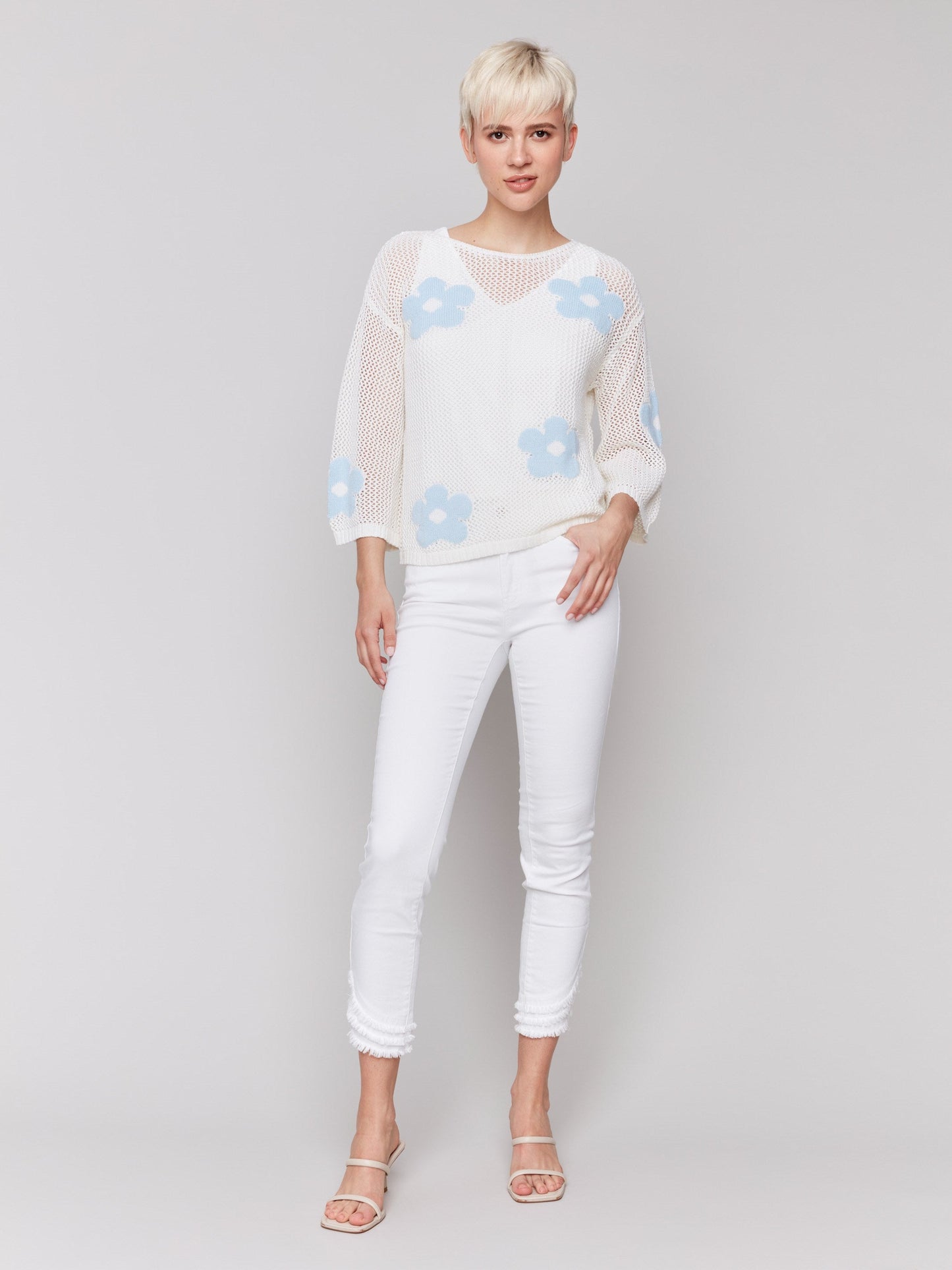 Jacquard Knit Crochet Sweater - White