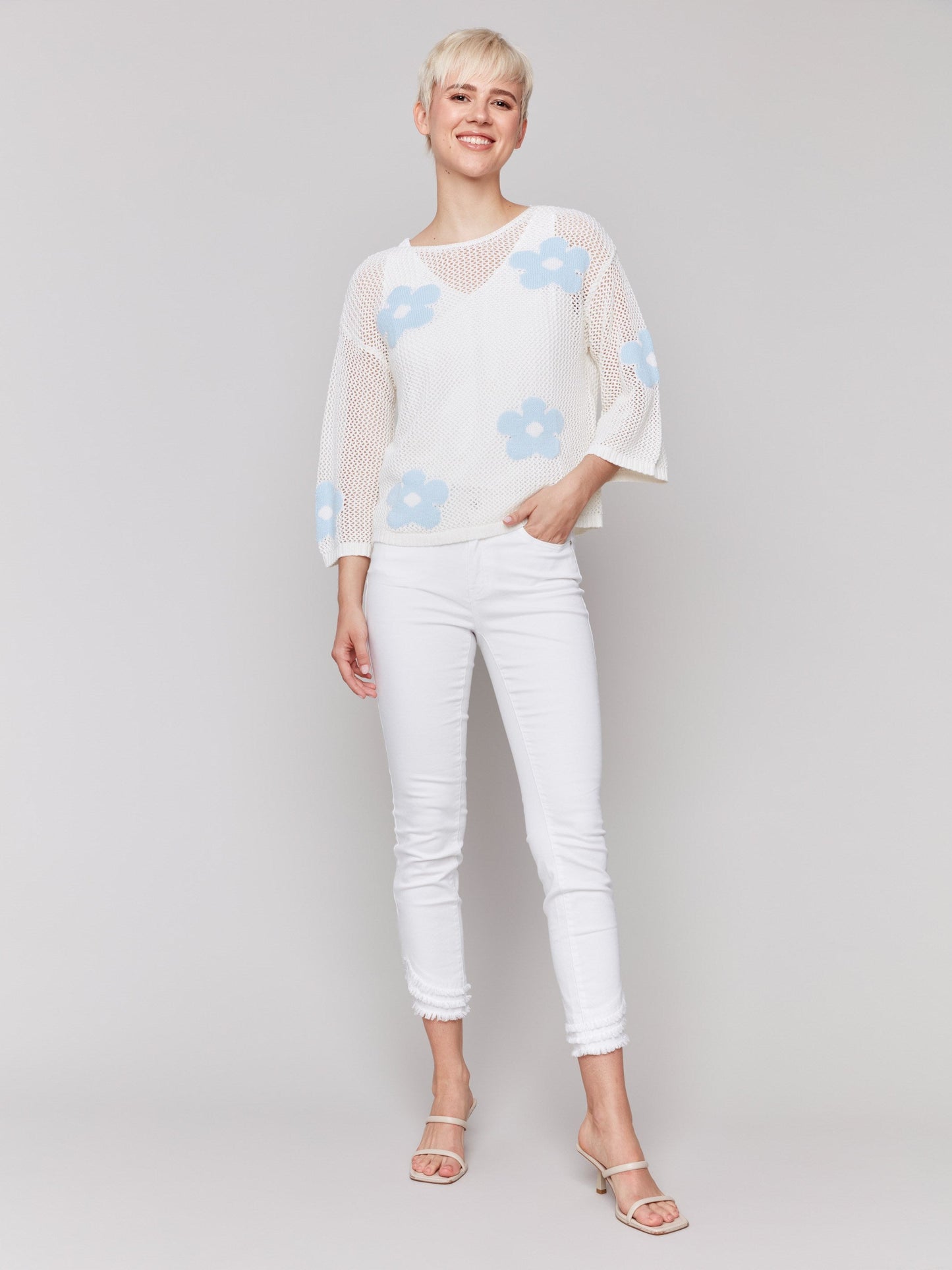 Jacquard Knit Crochet Sweater - White