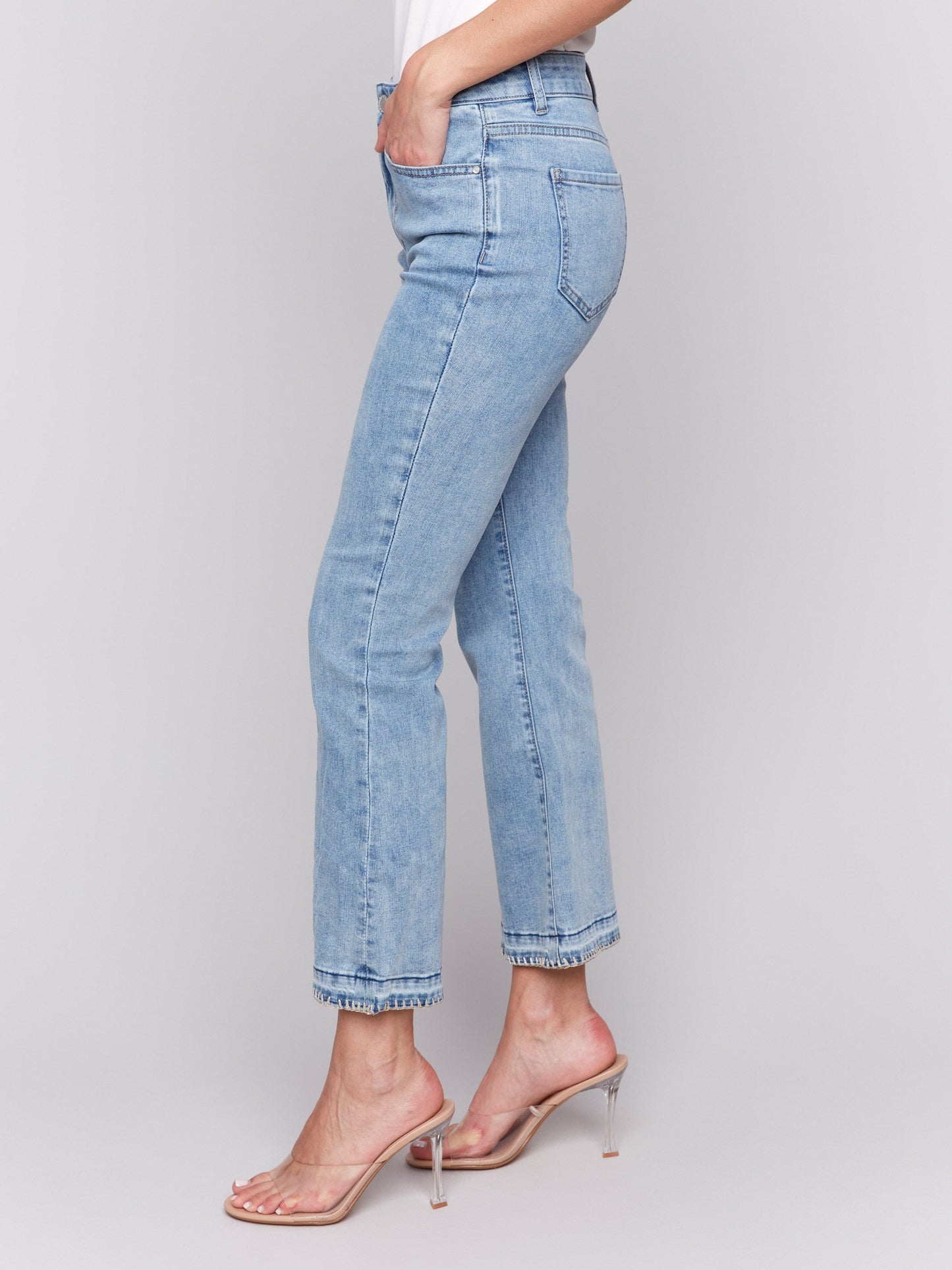 Jeans with Blanket Stitch Hem Detail - Light Blue