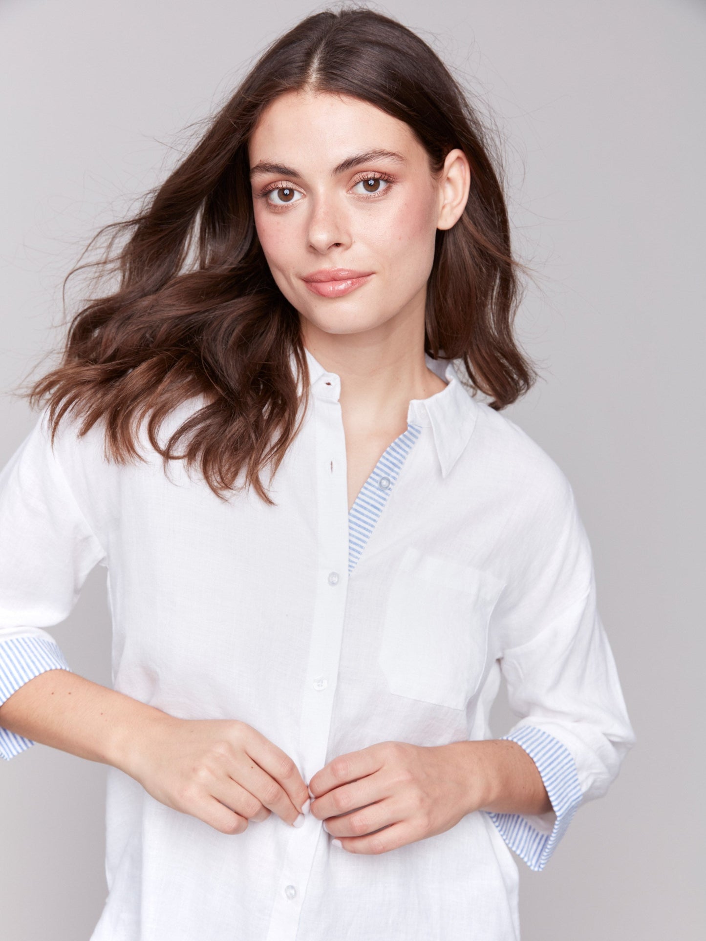 Linen Blend Drop Shoulder Shirt with Striped Cuffs - White