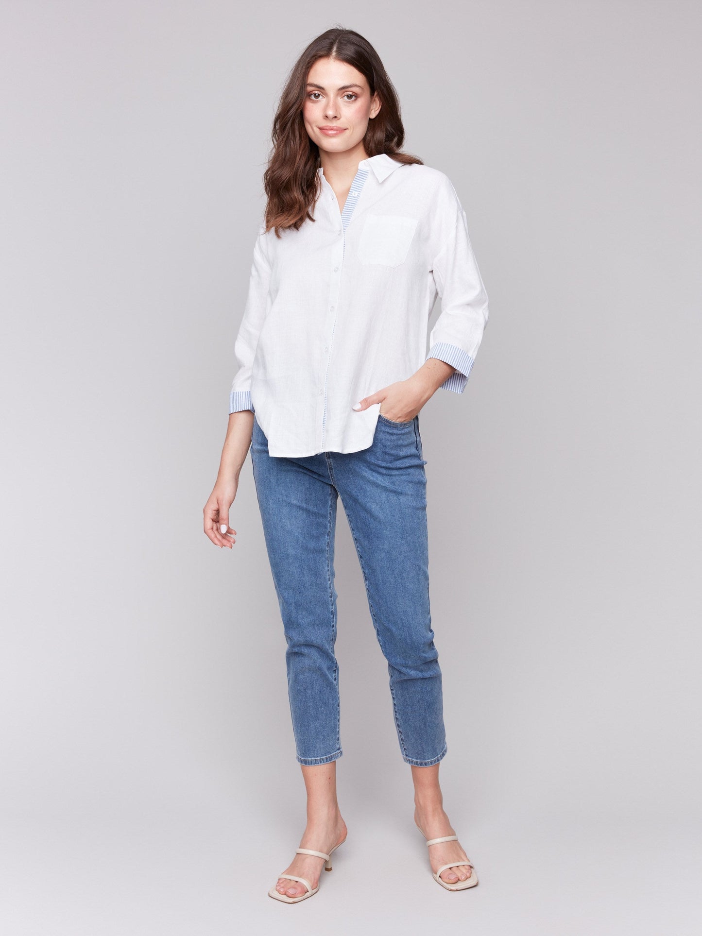 Linen Blend Drop Shoulder Shirt with Striped Cuffs - White