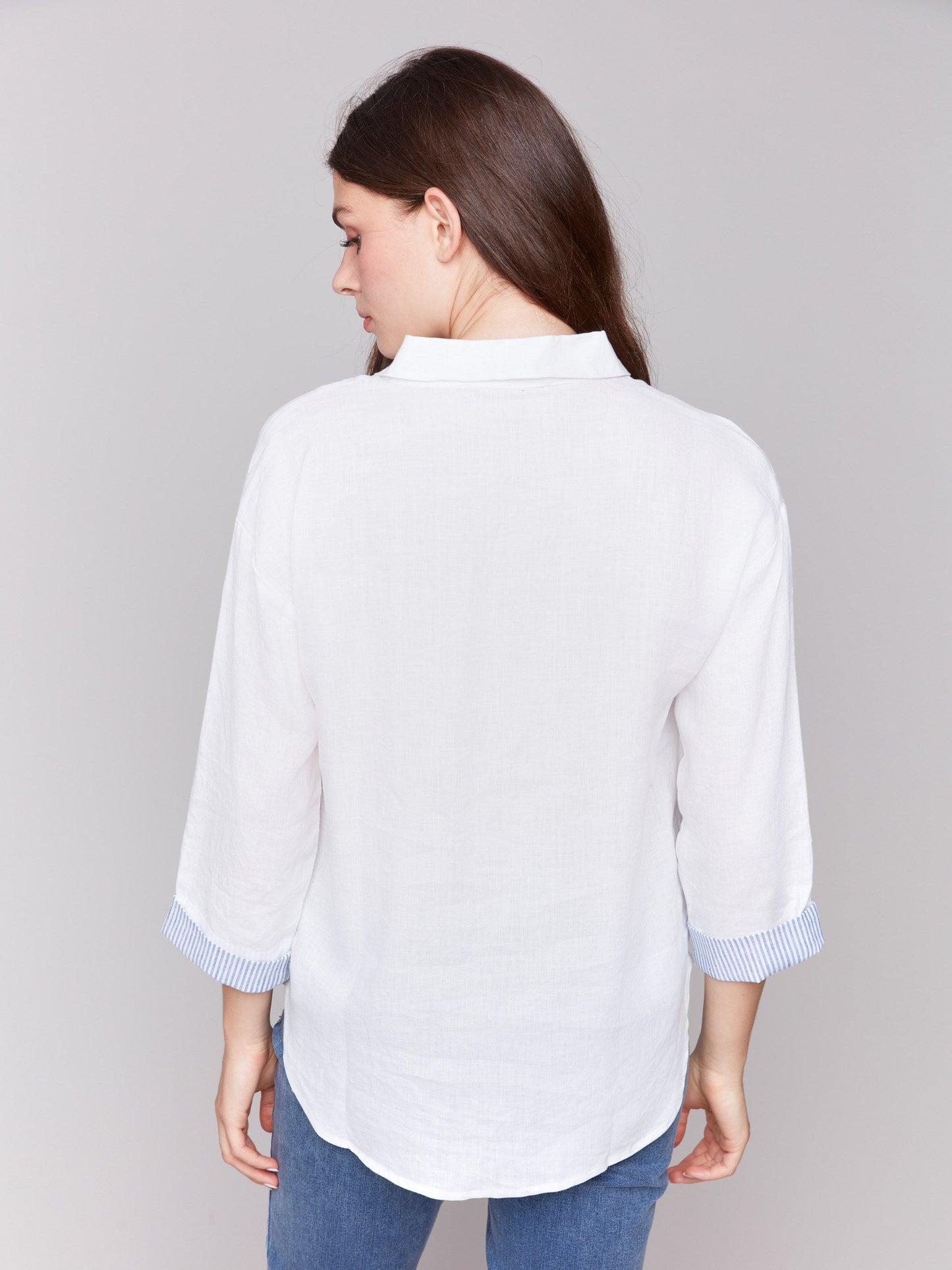 Linen Blend Drop Shoulder Shirt with Striped Cuffs - White