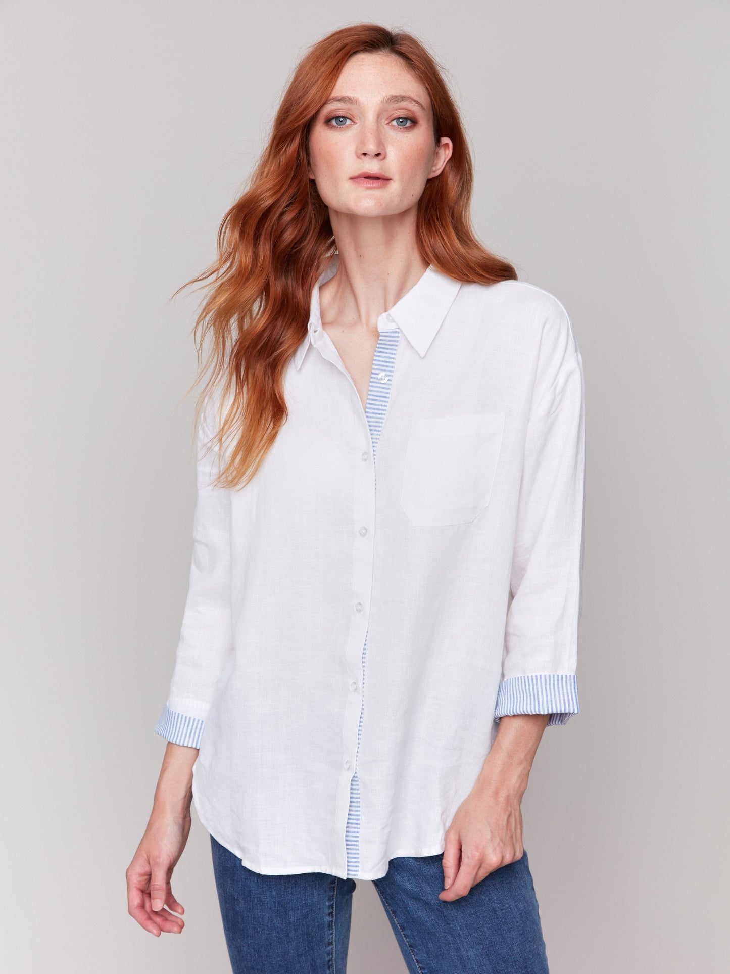Linen Blend Drop Shoulder Shirt with Striped Cuffs - White