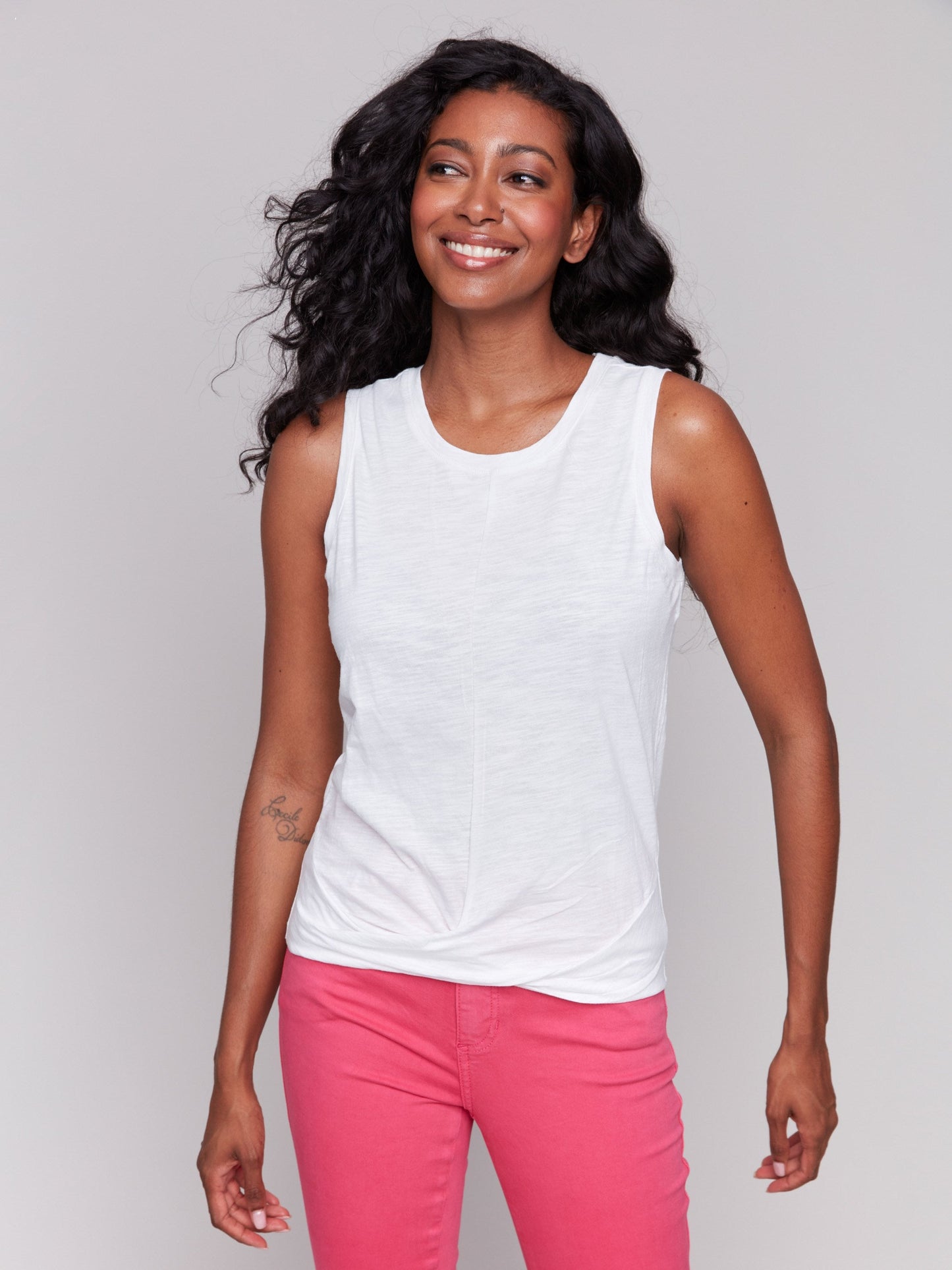 Organic Cotton Slub Tank Top with Knot Detail - White